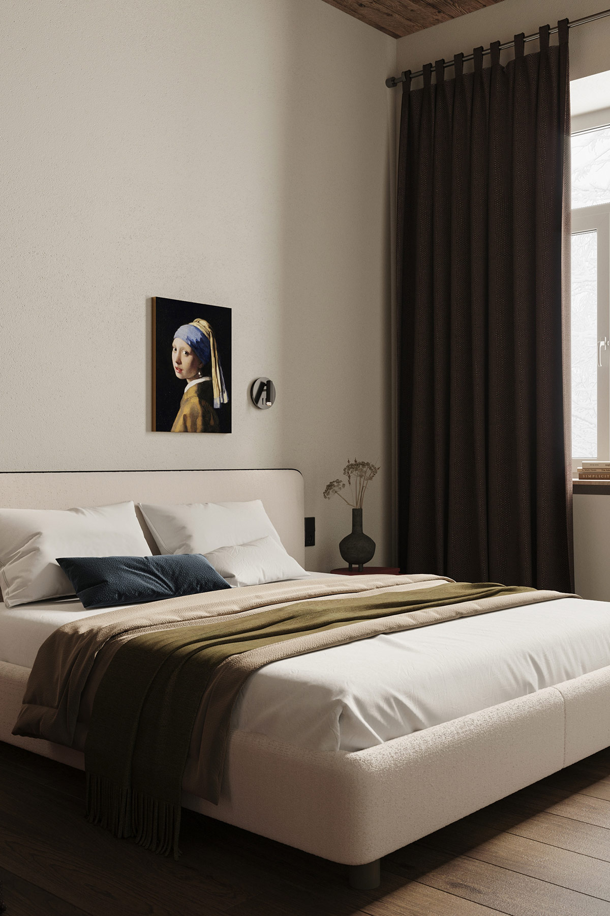 Bức tranh vẽ 'Thiếu nữ đeo hoa tai ngọc trai' trong tác phẩm nghệ thuật cùng tên (tiểu thuyết và điện ảnh) tạo nên vẻ đẹp tinh tế cho bức tường phòng ngủ.