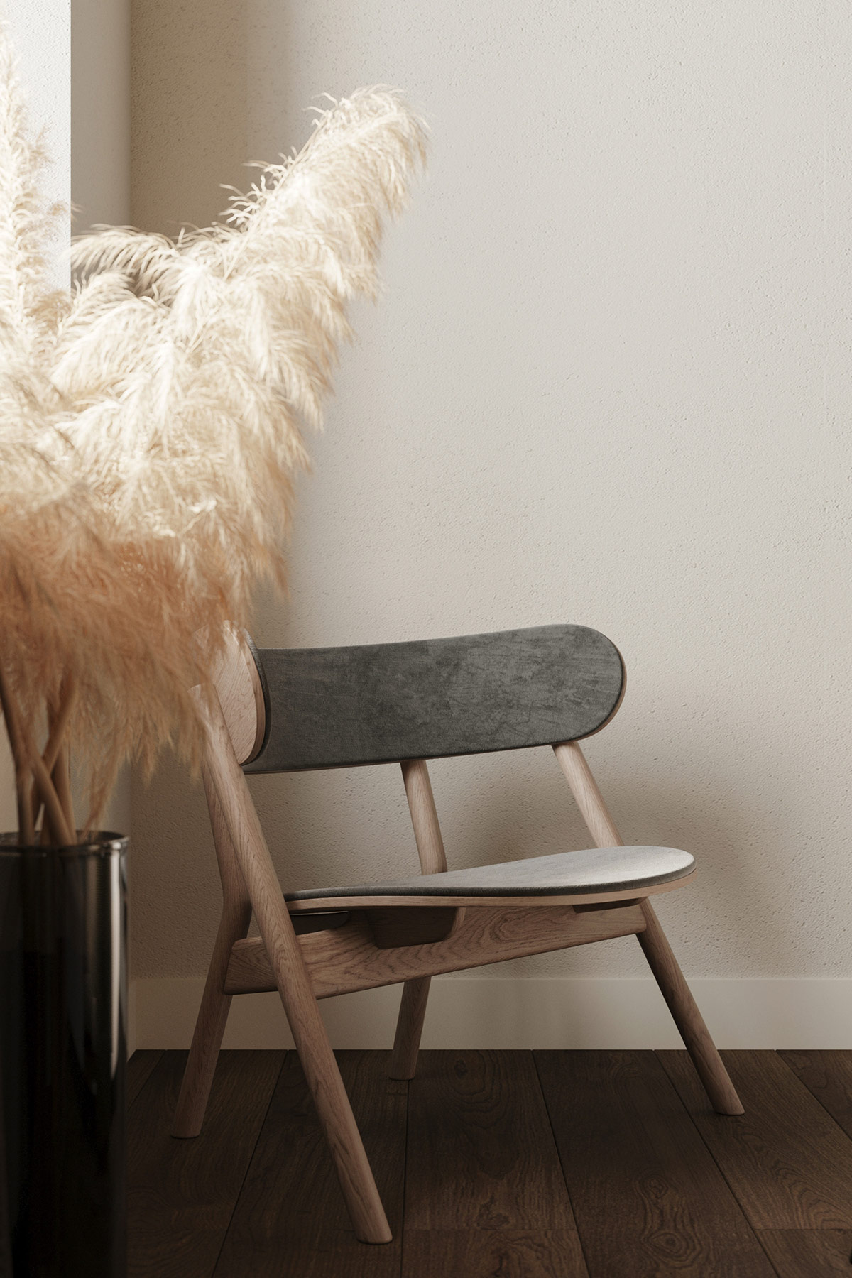Chiếc ghế gỗ đơn giản nhưng thanh lịch đúng chất Scandinavian được bố trí ở góc nhỏ trong phòng ngủ để chủ nhân đọc sách hay thư giãn, bên cạnh là chậu cỏ nhung nhuộm màu hoài cổ.