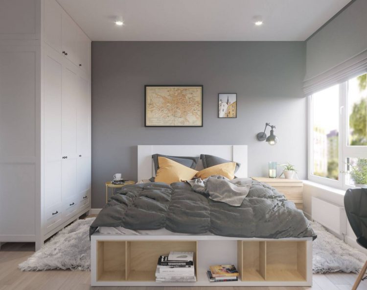 Phòng ngủ chọn cặp đôi sắc màu hoàn hảo là vàng và xám để tạo nên vẻ đẹp vừa sang trọng vừa hiện đại. Tấm thảm lông dày trải sàn vừa êm ái vừa cách âm cực tốt.