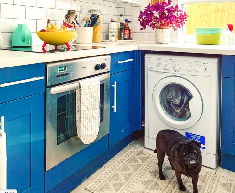 Mello nói rằng việc bố trí một chiếc máy giặt ở ngay trong phòng bếp là điều phổ biến ở Anh. Cô chọn cho mình gam màu xanh đậm nổi bật để sơn cho tủ bếp của mình.