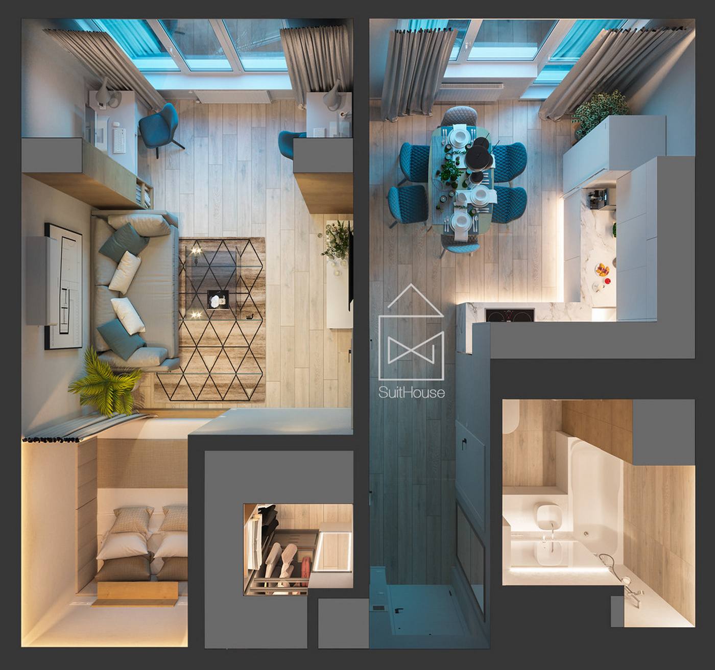Kế hoạch thiết kế nội thất của căn hộ 38m² do Suithouse Studio cung cấp.