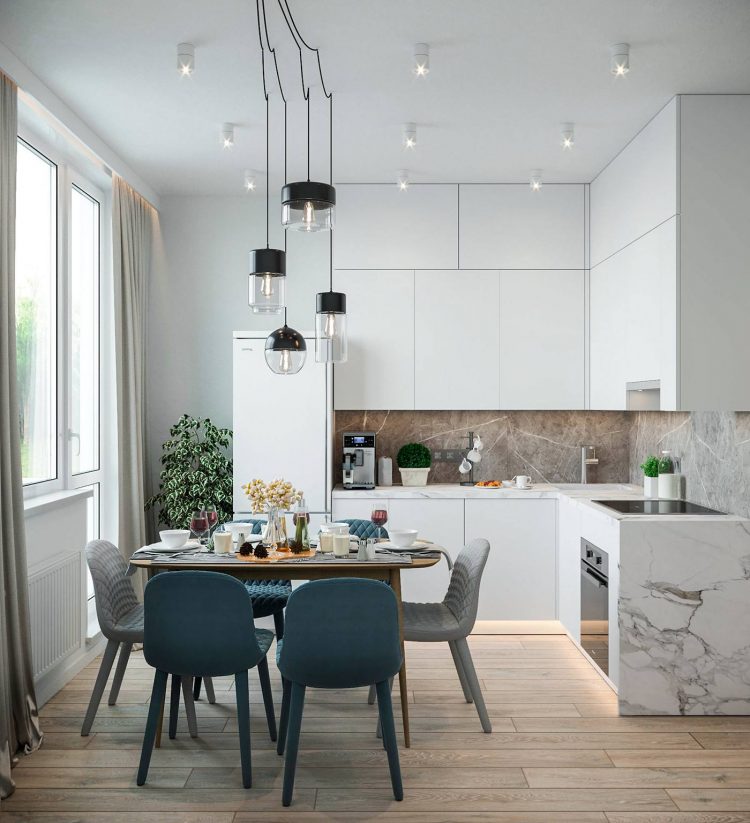 Phòng bếp thiết kế chữ L phù hợp với cấu trúc của căn hộ và vẫn đảm bảo sự tiện nghi, thoải mái với hệ tủ lưu trữ trên và dưới rộng rãi.