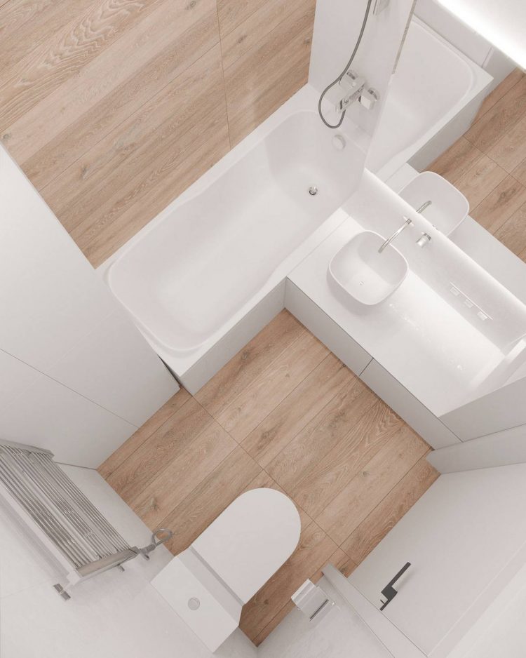 Phòng tắm với góc chụp từ trên cao. Hẳn bạn sẽ thắc mắc tại sao phòng tắm lại lát sàn gỗ? Câu trả lời chính là: Vật liệu lát sàn toàn bộ căn hộ là gạch men giả gỗ!