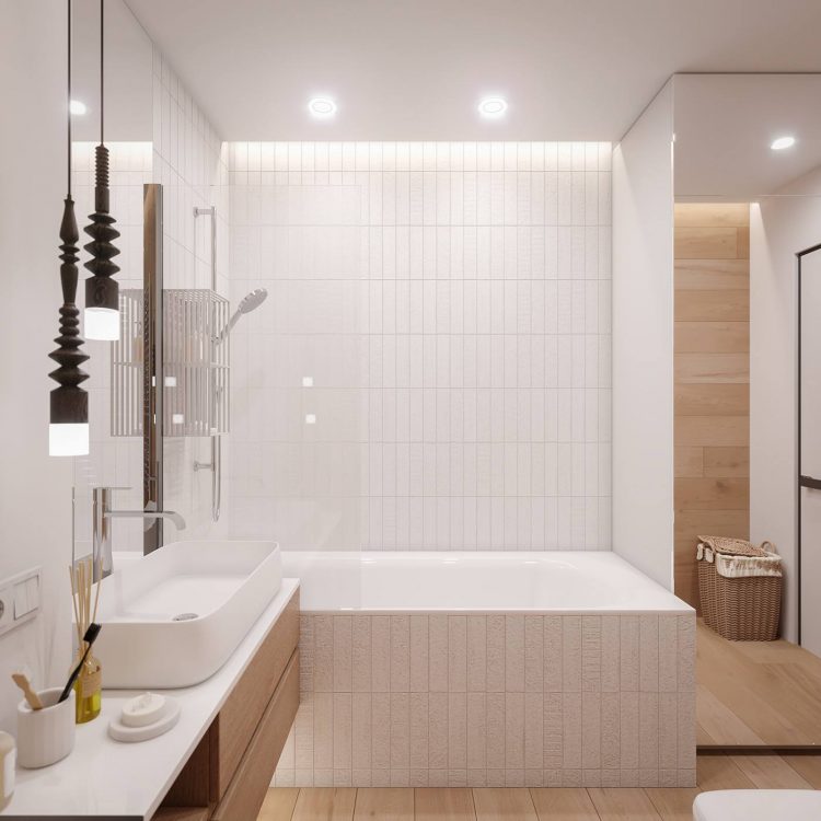 Phòng tắm như một spa thu nhỏ với màu trắng tinh khôi, gỗ mộc mạc, giỏ mây xinh xắn cùng hệ thống đèn ốp trần, đèn thả vừa cung cấp ánh sáng vừa tăng tính thẩm mỹ cho không gian.