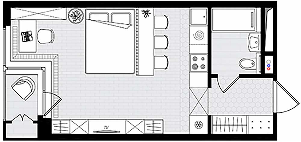 Kế hoạch bố trí nội thất căn hộ 32m² do Galina Lo Studio cung cấp.