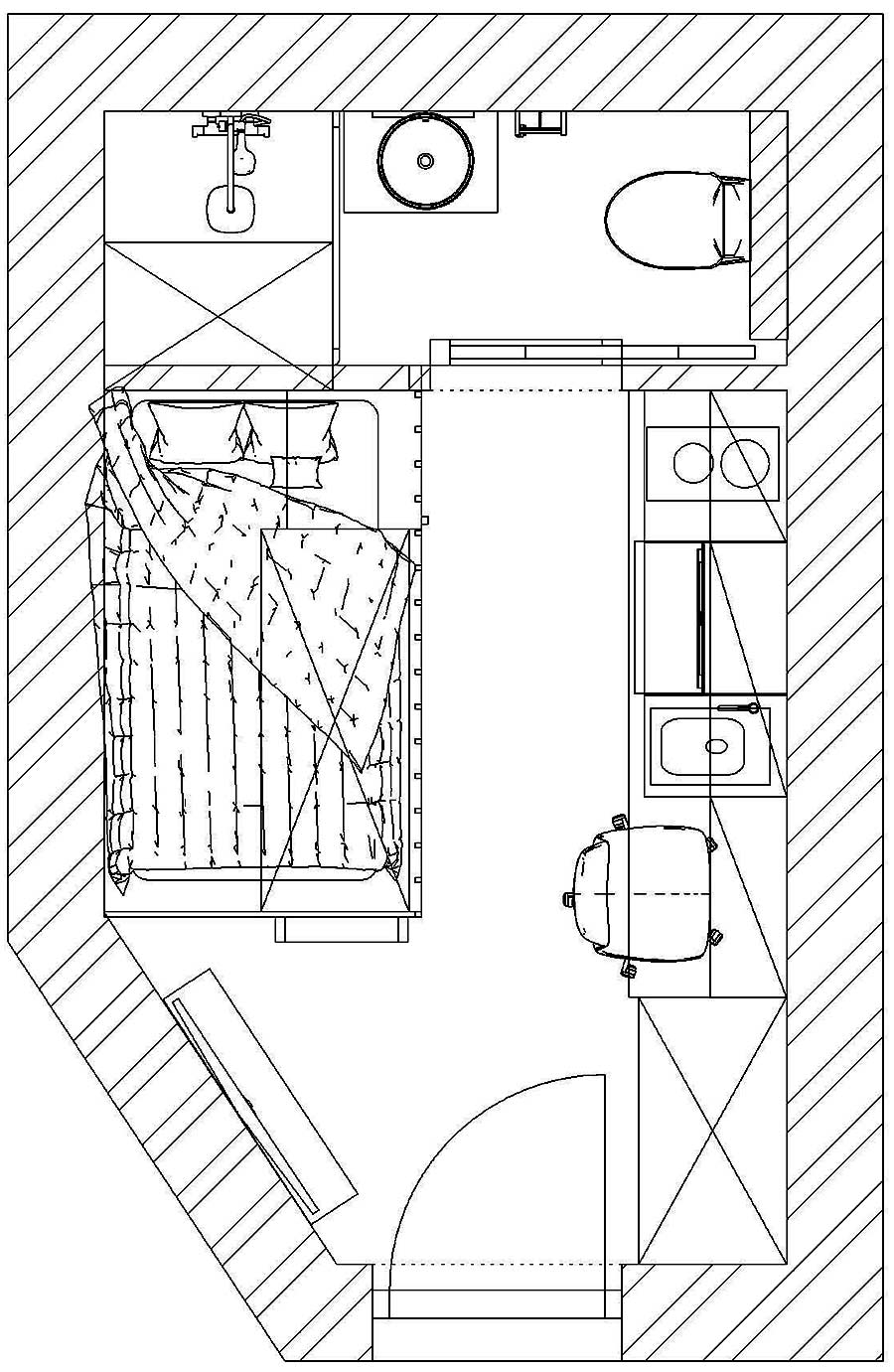 Mặt bằng căn hộ cho thuê được cải tạo từ một phòng bếp có diện tích vỏn vẹn 11m².