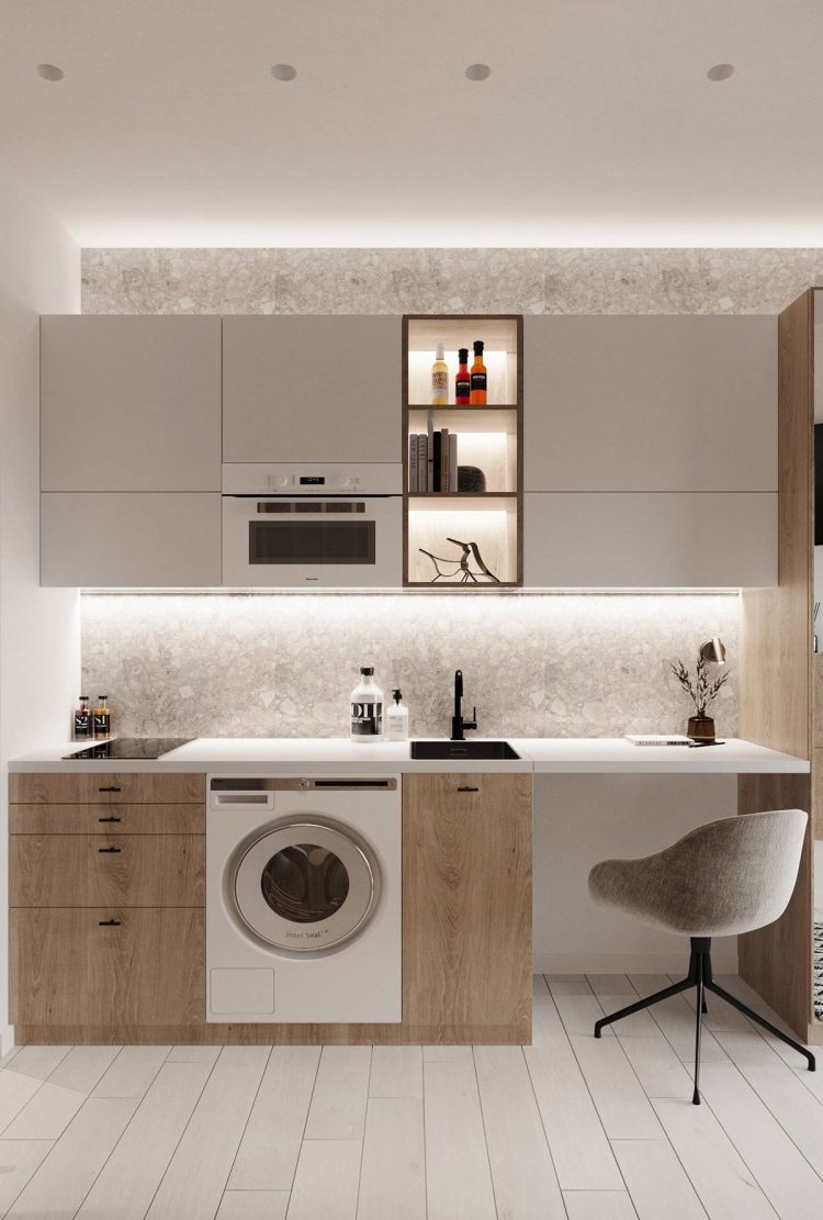 Gam màu trắng của tủ bếp trên và gỗ của tủ bếp dưới tạo nên vẻ đẹp tương phản nhẹ nhàng, xinh xắn. Tường ốp đá ở khu vực backsplash và phía trên đầu tủ bếp tạo vẻ đẹp sang trọng hơn.