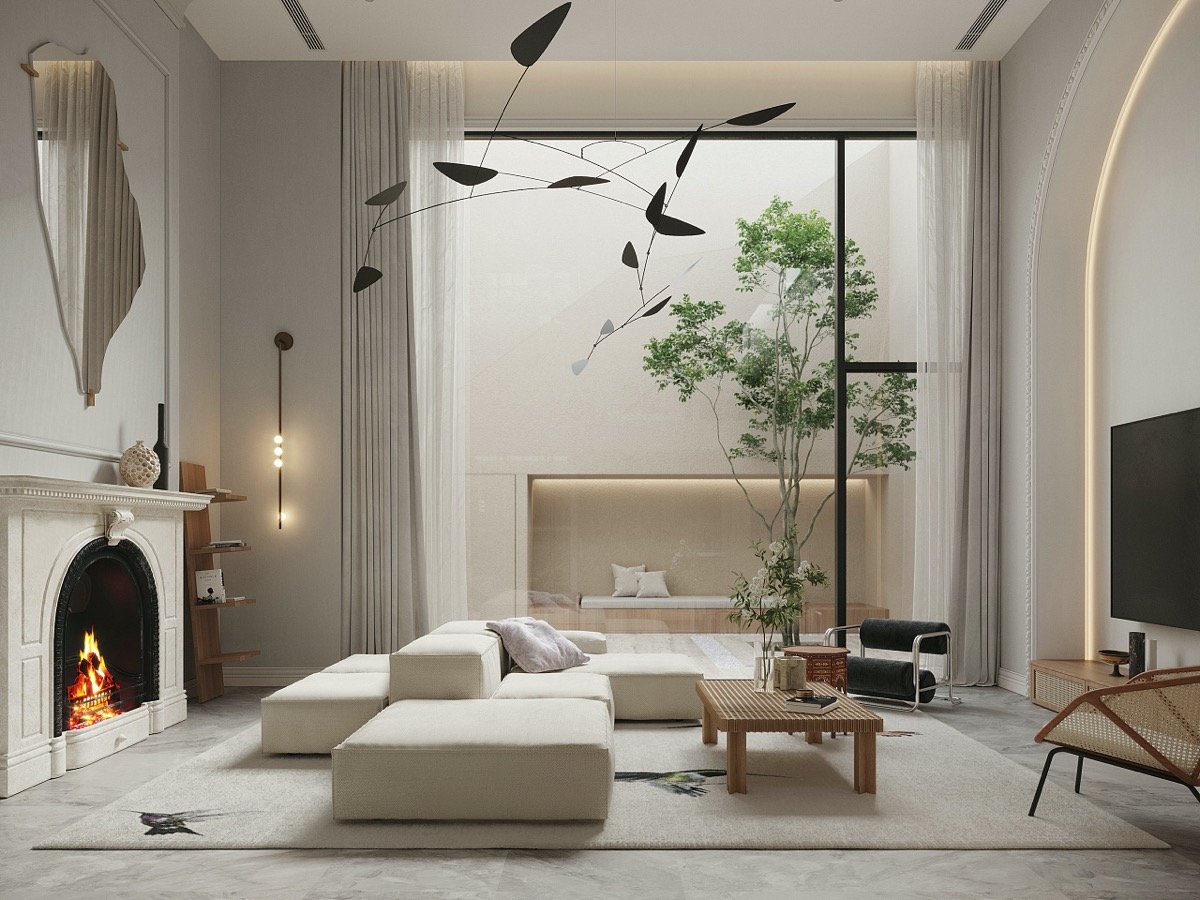 Căn hộ tại Quảng Châu (Trung Quốc) với phòng khách siêu rộng, gam màu trắng chủ đạo kết hợp tường bằng kính trong suốt tạo sự kết nối giữa các không gian riêng biệt.