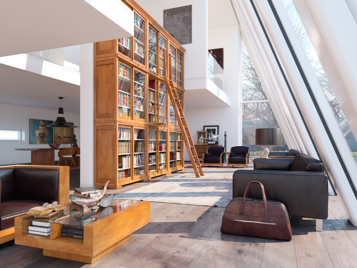 Phòng khách với cấu trúc 1 cạnh chữ A tạo độ cao hoàn hảo, sắc nét, đồng thời kết hợp với thư viện mini với hệ thống tủ gỗ cực kỳ hoành tráng khiến những ai là 'mọt sách' phải mê đắm.