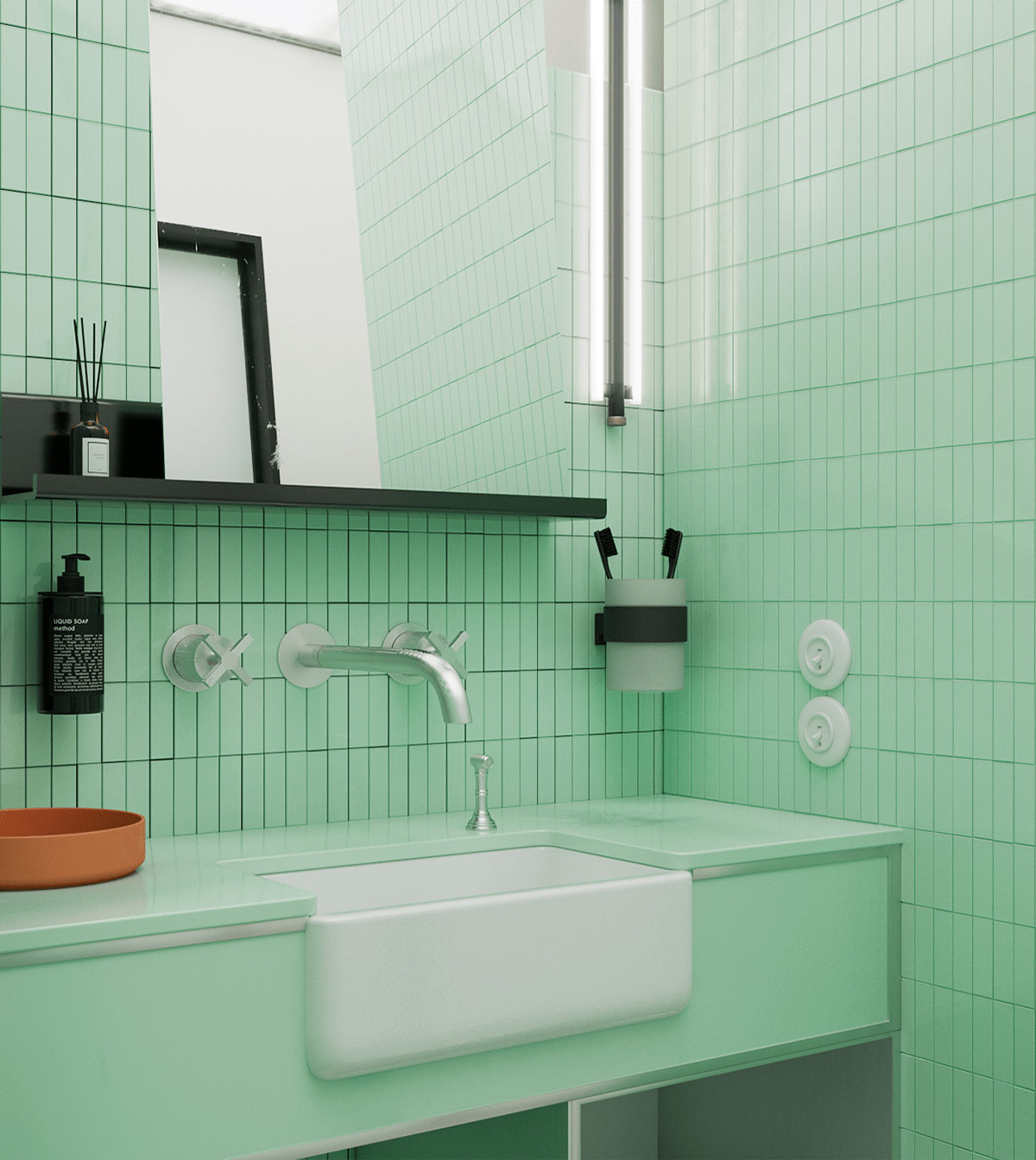 Phòng tắm sử dụng tông màu xanh bạc hà mang lại cảm giác tươi mát, khác hẳn với sự ấm áp ở bên ngoài.