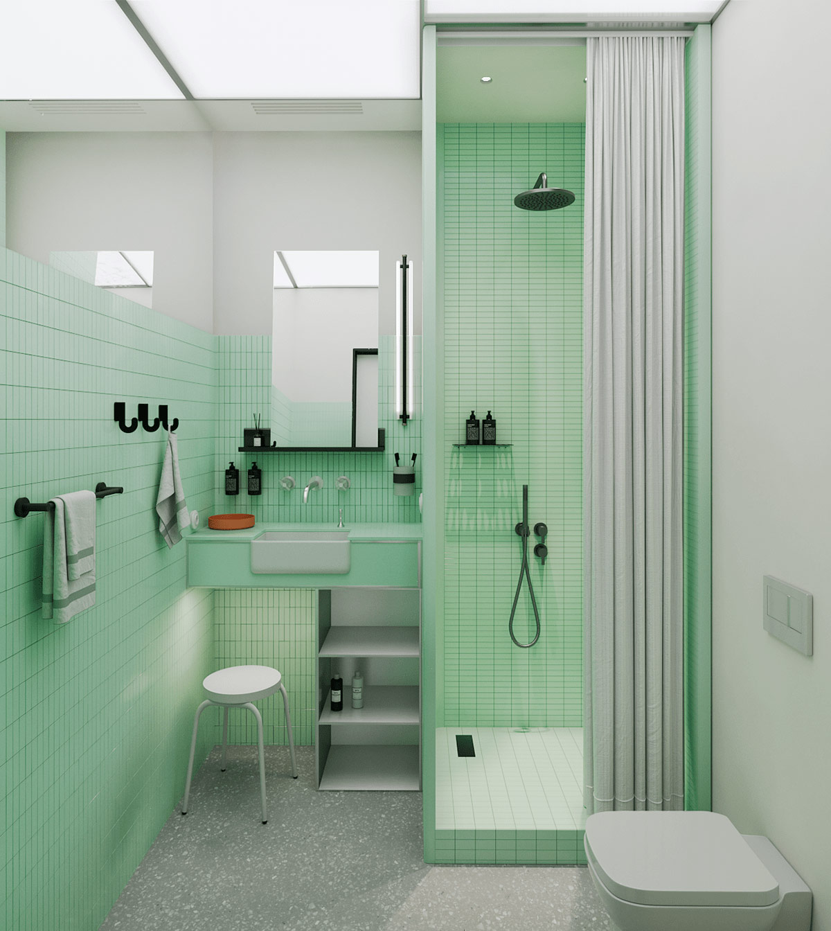 Buồng tắm đứng phân vùng với toilet bằng rèm che màu xám nhạt để tạo sự riêng tư.