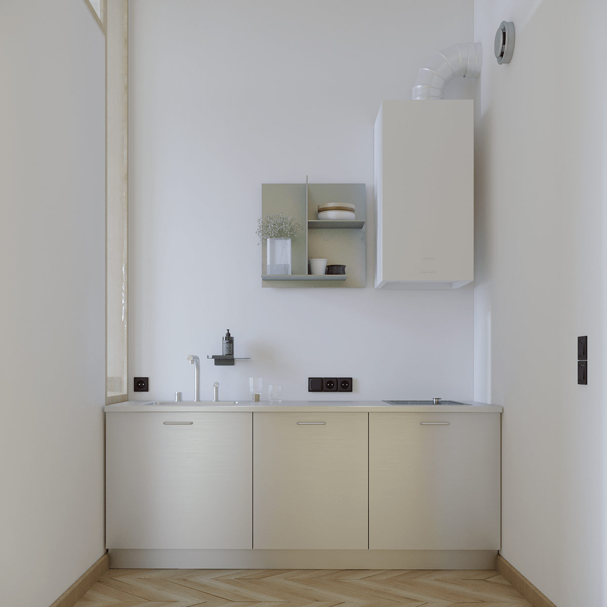 Phòng bếp được thiết kế riêng biệt trong một góc nhỏ với kiểu chữ I đơn giản nhưng đáp ứng đầy đủ tiện nghi.