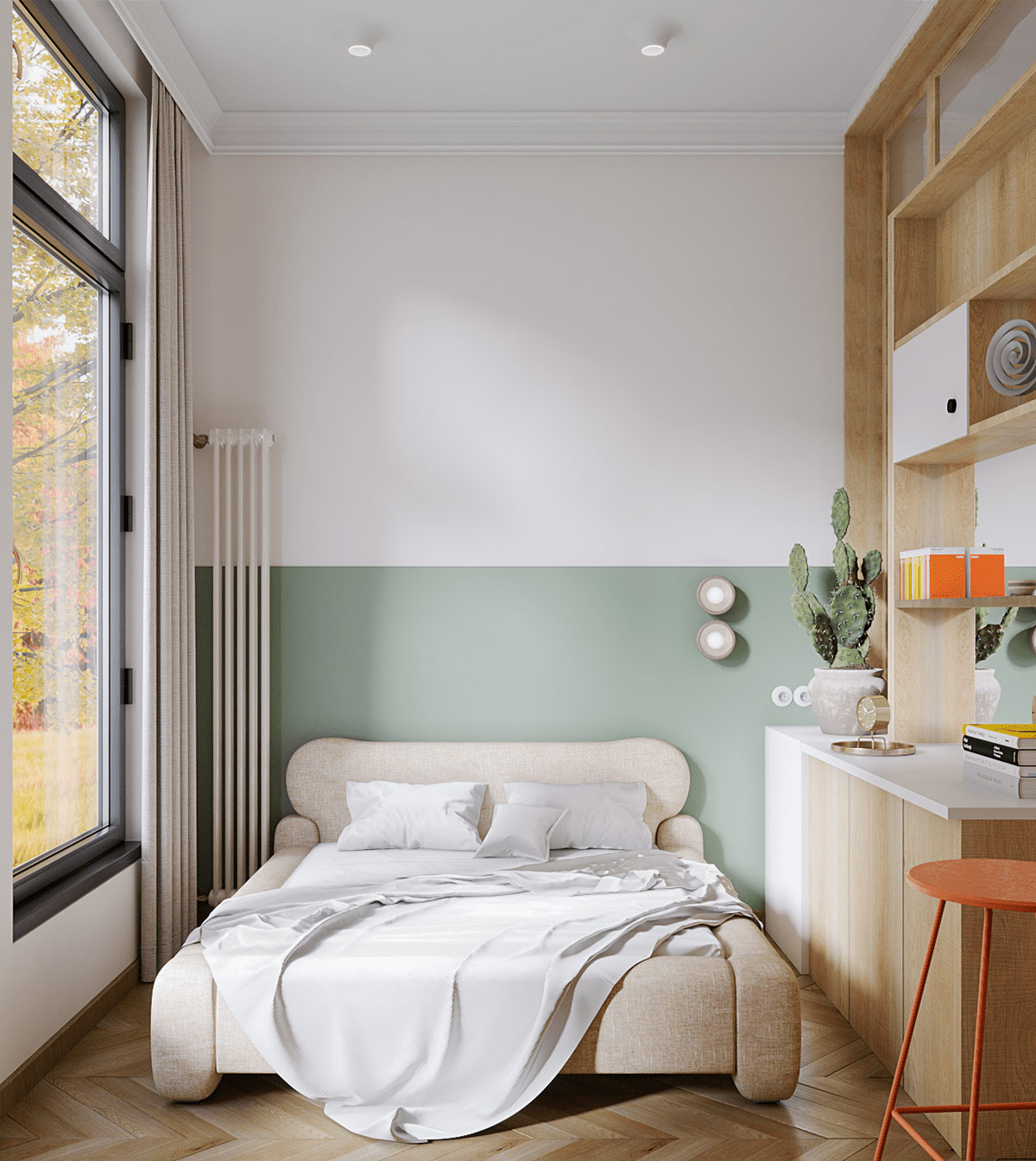 Tại phòng ngủ, chiếc giường đôi xinh xắn êm ái với phong cách trang trí sơn tường một nửa.