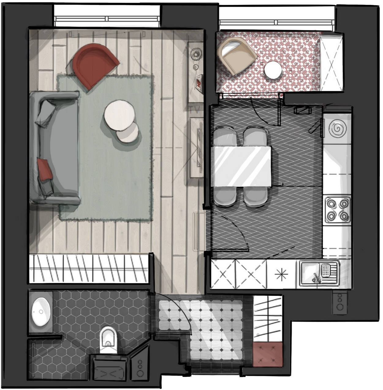 Sơ đồ bố trí căn hộ 35m²  do nhà thiết kế nội thất Anna Katerinich cung cấp.