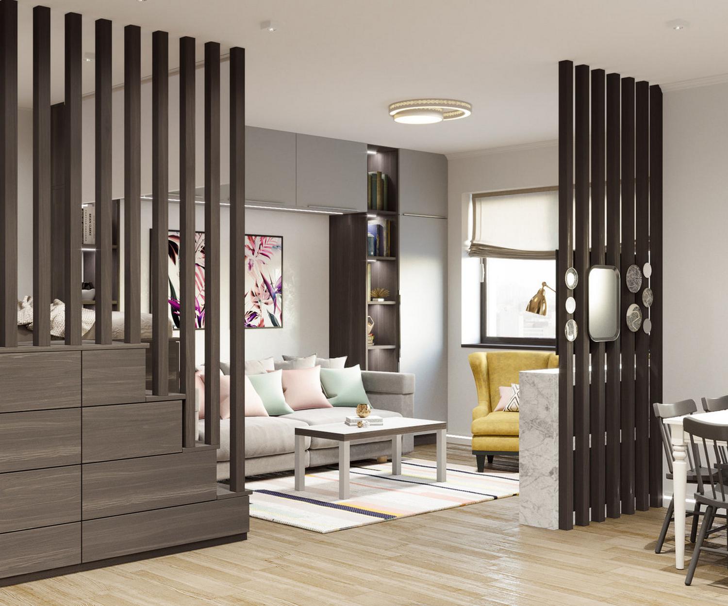 Căn hộ sử dụng vách ngăn lam gỗ cùng gam màu pastel tuyệt đẹp làm điểm nhấn