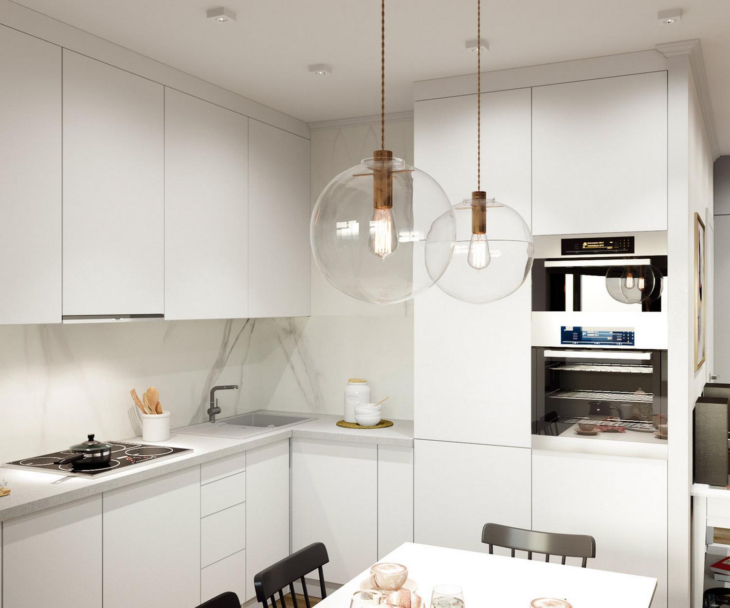 Dù diện tích nhỏ nhưng phòng bếp vẫn đáp ứng đầy đủ tiện nghi, các thiết bị nấu nướng hiện đại cùng hệ thống đèn ốp trần cho cảm giác không gian cao và thoáng hơn rất nhiều.