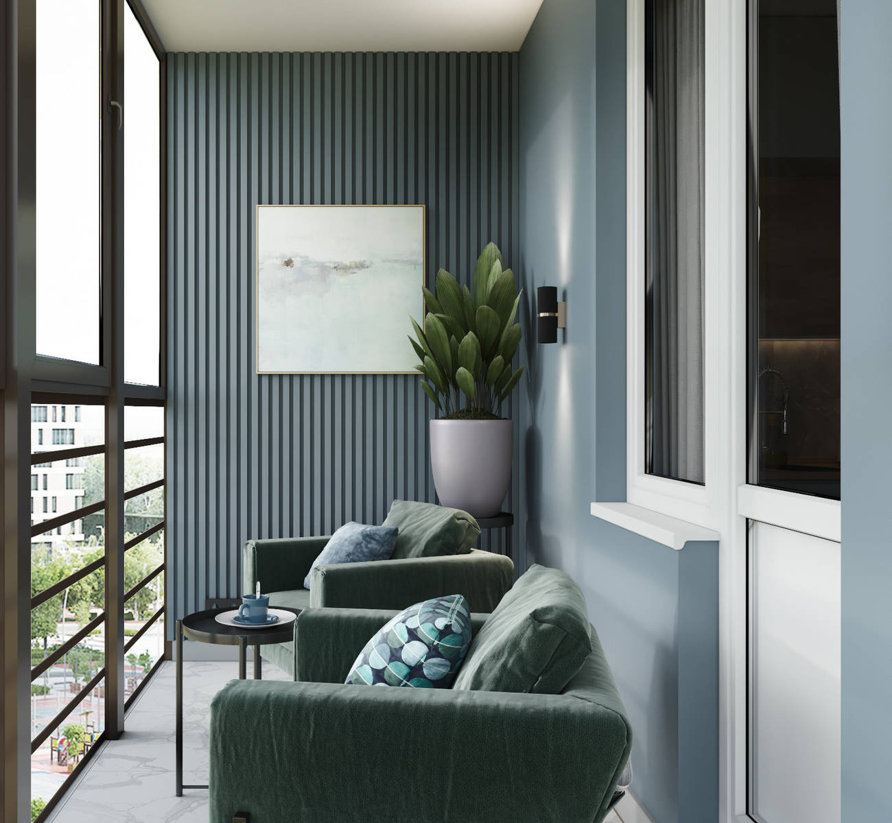 Bên ngoài căn hộ là một góc ban công nhỏ xinh với lam gỗ sơn màu xanh nhạt, bộ ghế bành và bàn nước nhỏ tạo nên một phòng khách phụ cũng như không gian thư giãn cho chủ nhân ngắm nhìn khung cảnh bên ngoài.