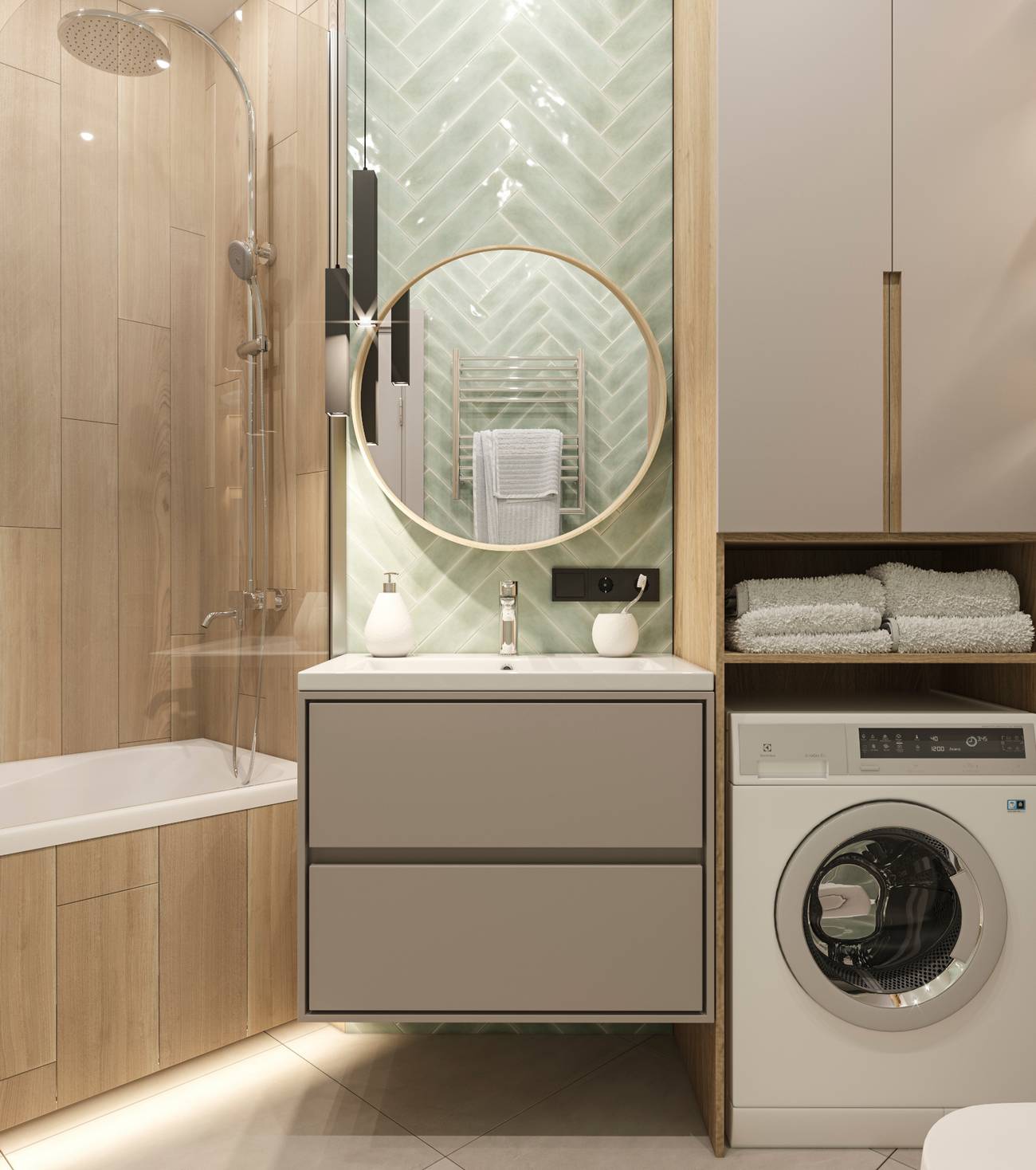 Phòng vệ sinh và phòng tắm dành cho hai vợ chồng sử dụng gỗ tự nhiên, gam màu trắng và gạch ốp màu xanh bạc hà bóng loáng. Máy giặt được tích hợp bên dưới tủ lưu trữ một cách gọn gàng.