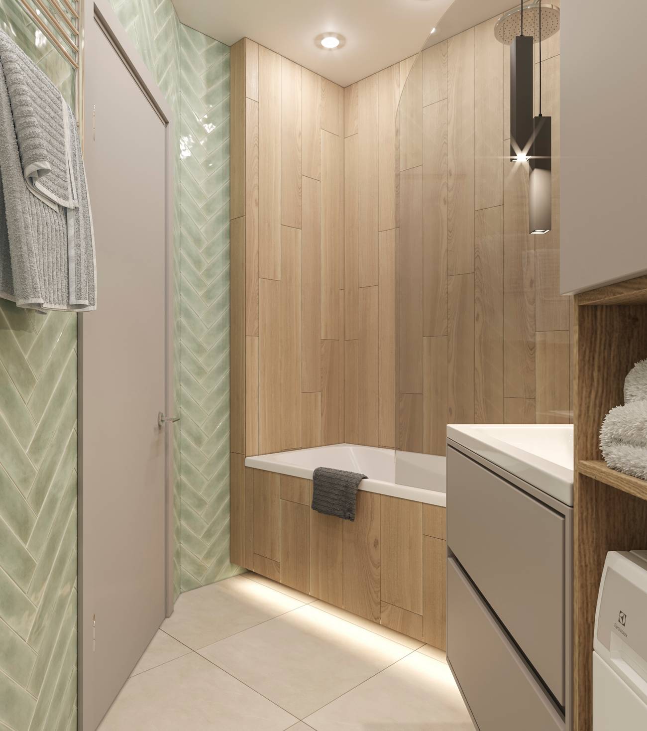 Bồn tắm ốp gỗ được bố trí ngay góc phòng, phân vùng với nhà vệ sinh bằng cửa kính trong suốt cùng hệ thống đèn chiếu sáng kết hợp trang trí nhờ kiểu dáng hiện đại, đẹp mắt.