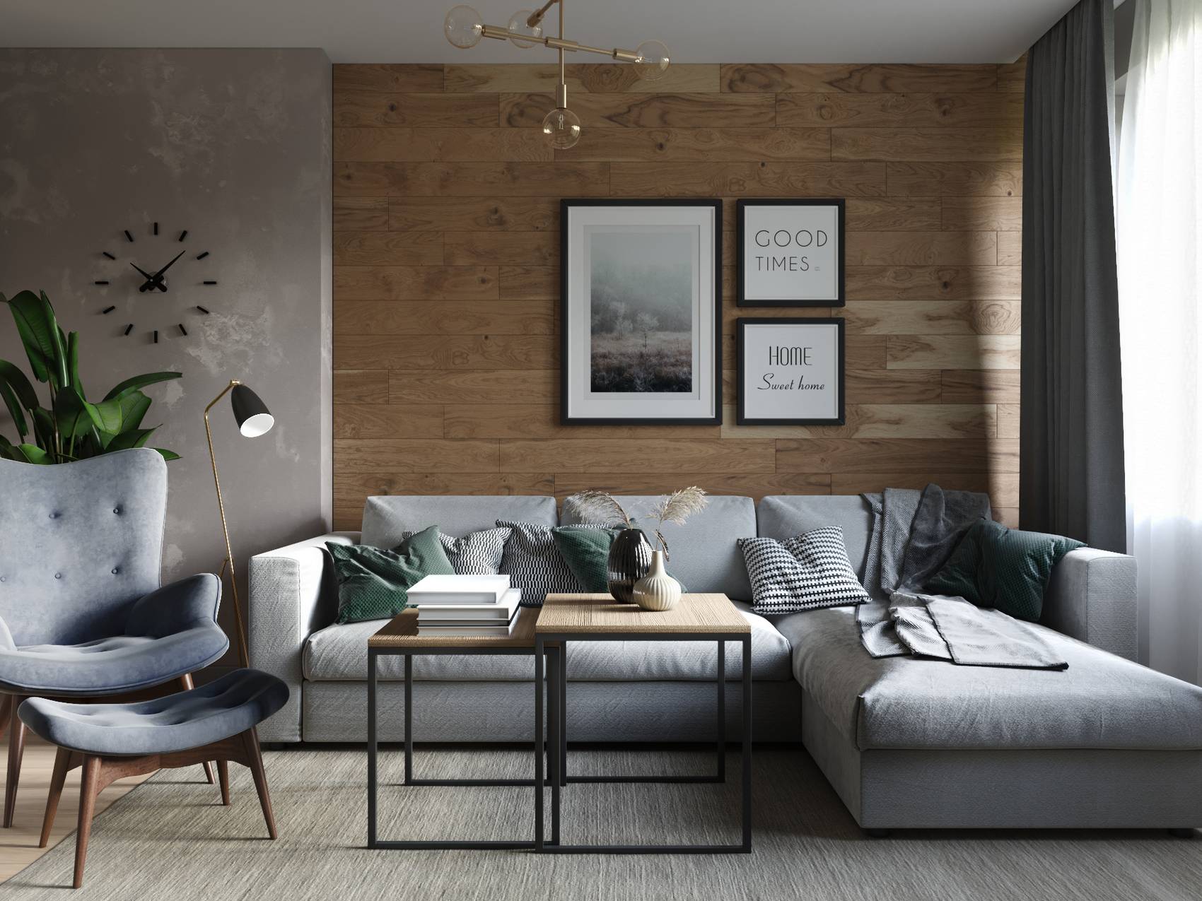 Phòng khách như được 'chia đôi' bởi bức tường màu xám và tường ốp gỗ tự nhiên. Sofa hình chữ L và bàn nước kiểu dáng đơn giản bố trí trên thảm trải sàn đồng màu.