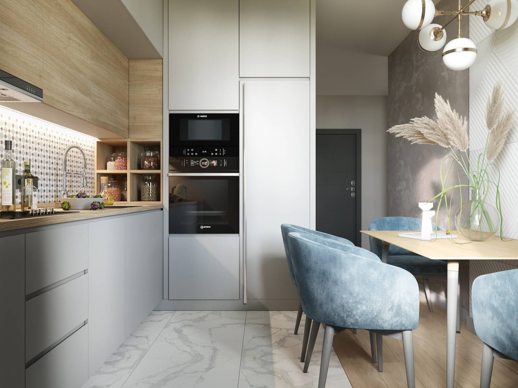 Để tạo không gian riêng tư, phòng bếp và khu vực ăn uống tách biệt hoàn toàn với phòng khách. Bếp thiết kế kiểu chữ L với sàn nhà lát gạch sáng bóng, dễ dàng vệ sinh.