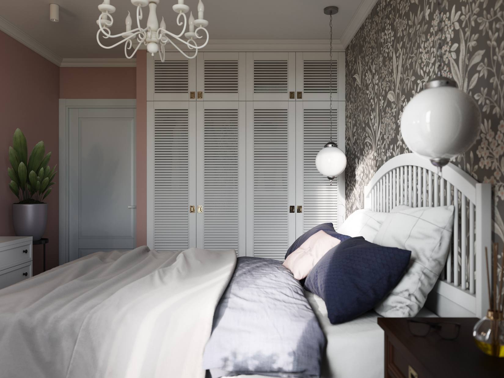 Góc phải giường ngủ là hệ thống tủ lưu trữ quần áo kịch trần tương tự như khu vực phòng khách. Bức tường sơn màu hồng phấn đối diện đầu giường sử dụng giấy dán họa tiết hoa lá tạo nên sự tương phản nhẹ nhàng.