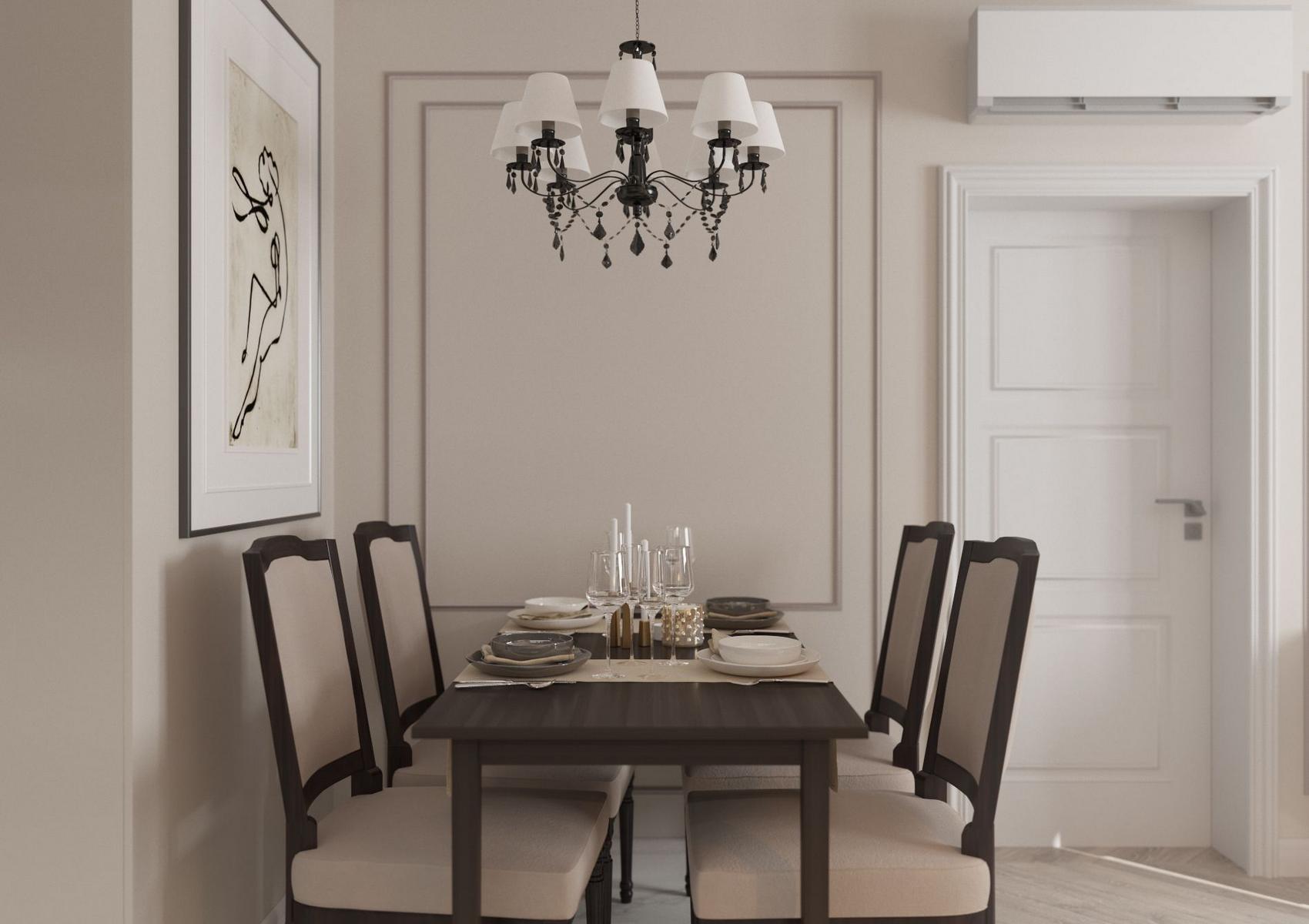 Phòng ăn sử dụng gam màu be đậm cho cảm giác thanh lịch từ bức tường đến bộ ghế ăn. Chiếc đèn chùm kiểu cổ điển kết hợp với bàn ăn được bày biện tinh tế vô cùng.
