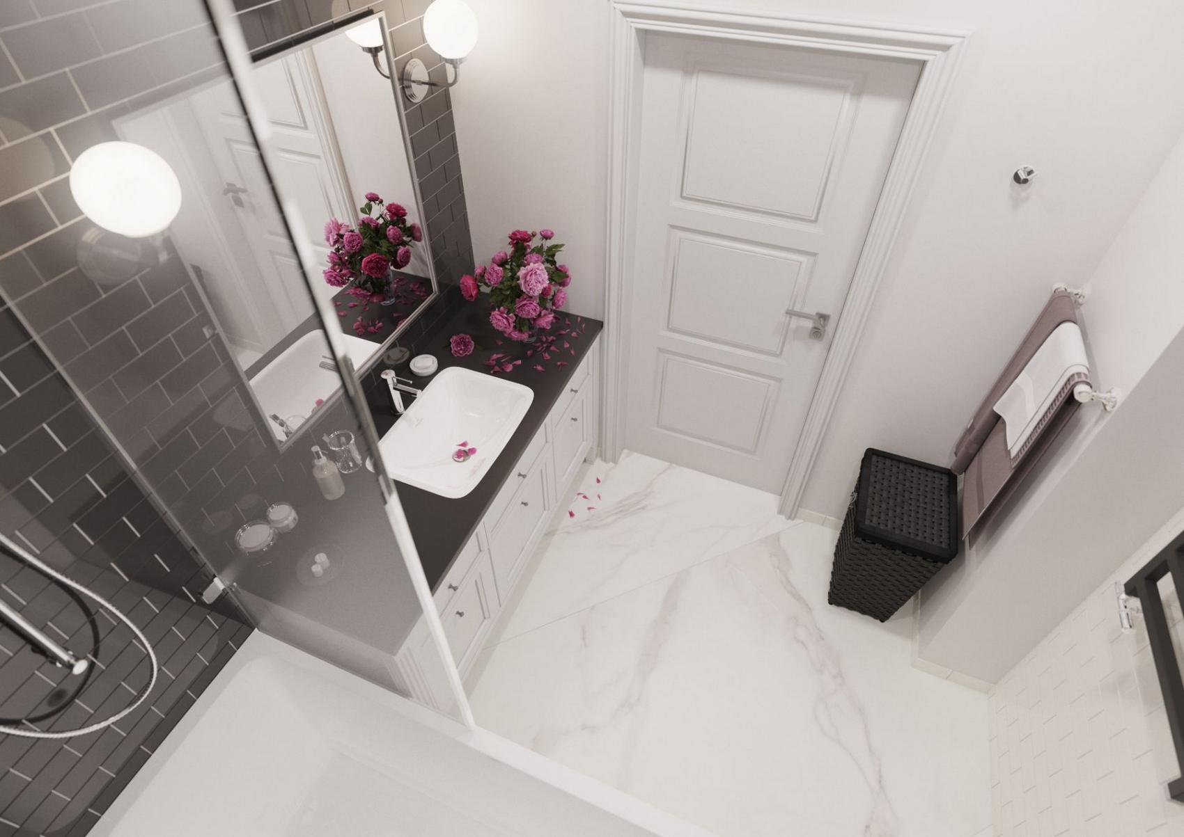 Hình ảnh phòng tắm được chụp từ trên cao với bức tường trắng tinh, sàn nhà lát đá cẩm thạch đường vân nhẹ nhàng, tự nhiên.