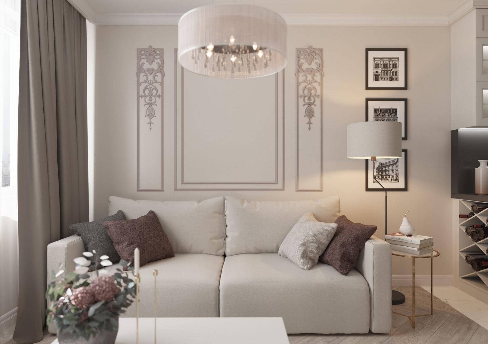 Trong phòng khách, màu tường be nhạt chủ đạo trở thành phông nền hoàn hảo để những món đồ nội thất trở nên quyến rũ như ghế sofa, gối tựa, đèn chùm lộng lẫy.