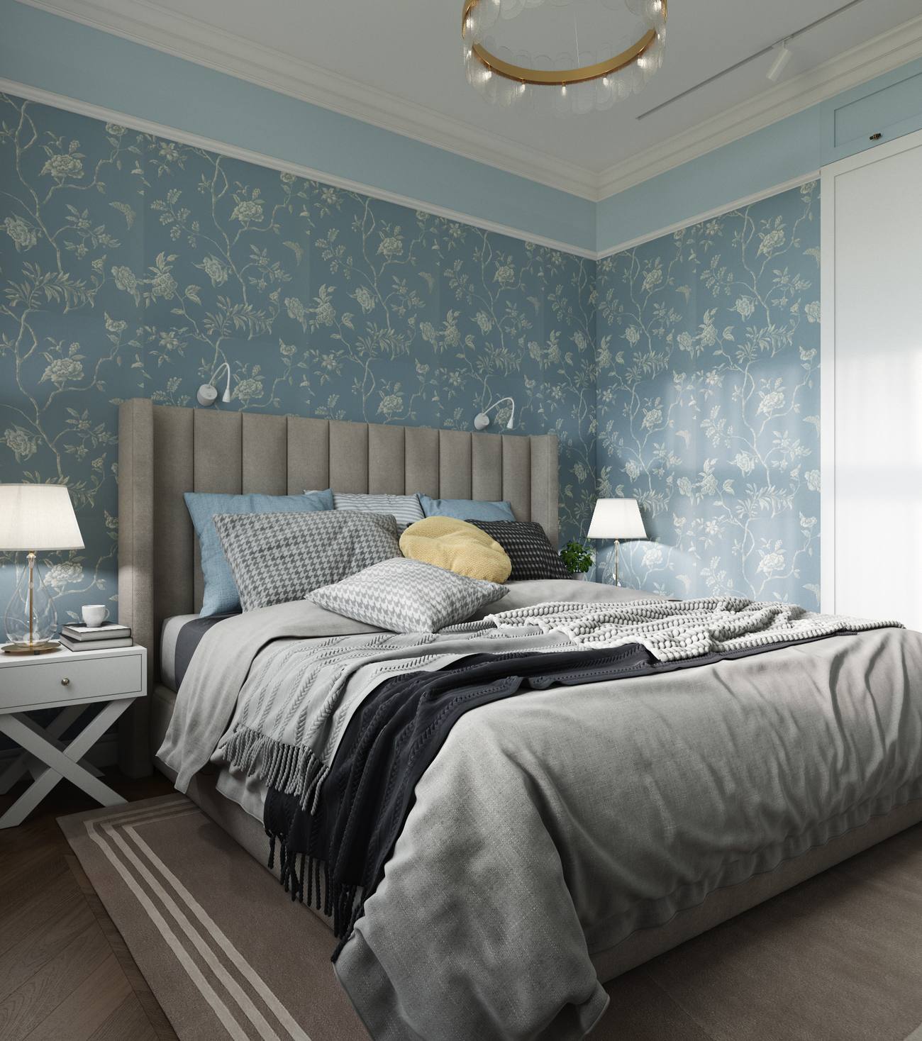Phòng ngủ riêng biệt của hai vợ chồng vẫn tiếp tục lựa chọn gam màu xanh lam và xám chủ đạo. Tuy nhiên, thay vì sơn tường, chủ nhân đã chọn giấy dán tường hoa văn trang nhã để tạo sự khác biệt. 