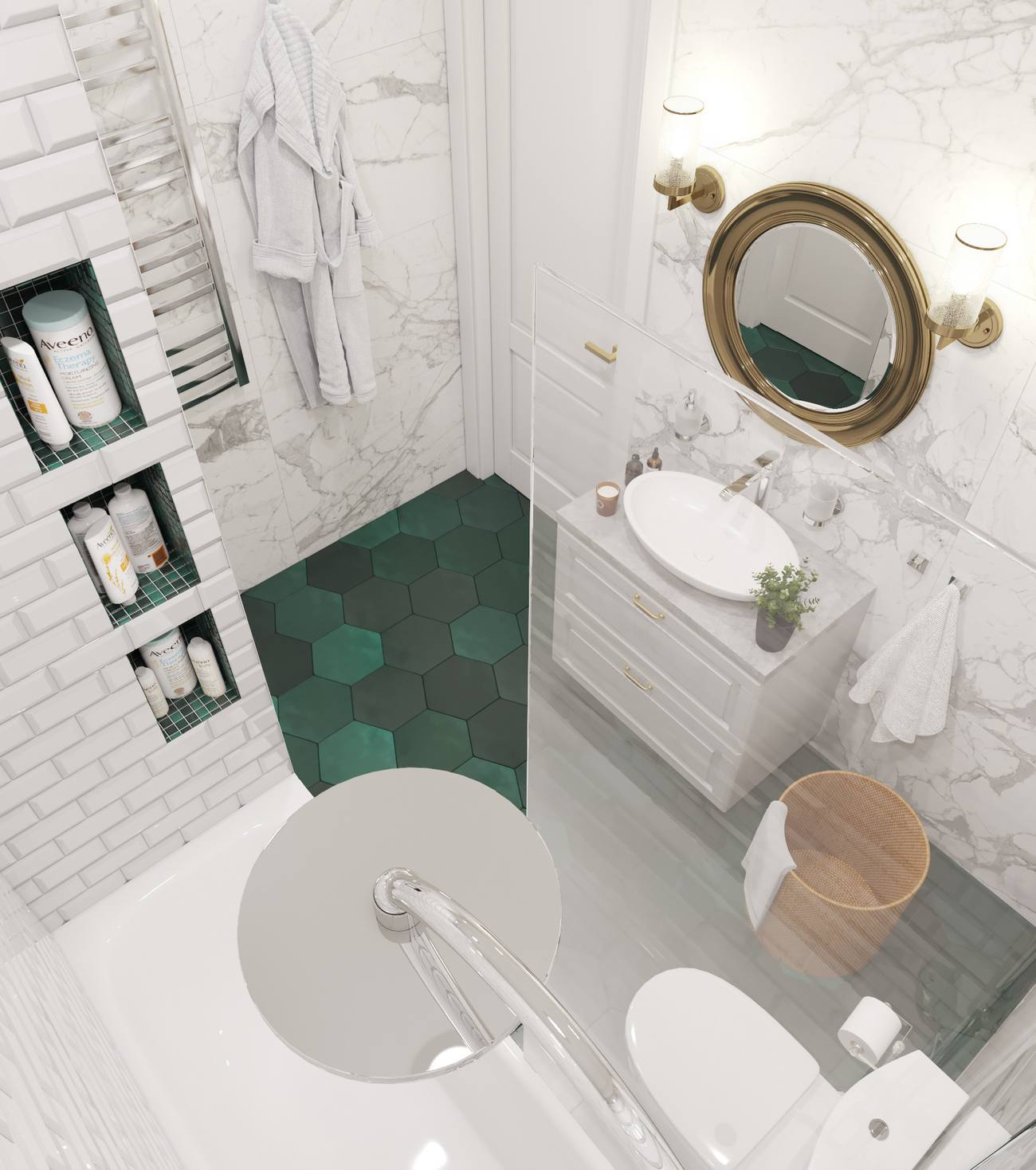 Đây là hình ảnh phòng tắm được chụp từ trên cao, bạn có thể dễ dàng nhận thấy sàn nhà lát gạch xanh ngọc lục bảo kiểu hình lục giác nổi bật trên nền trắng.