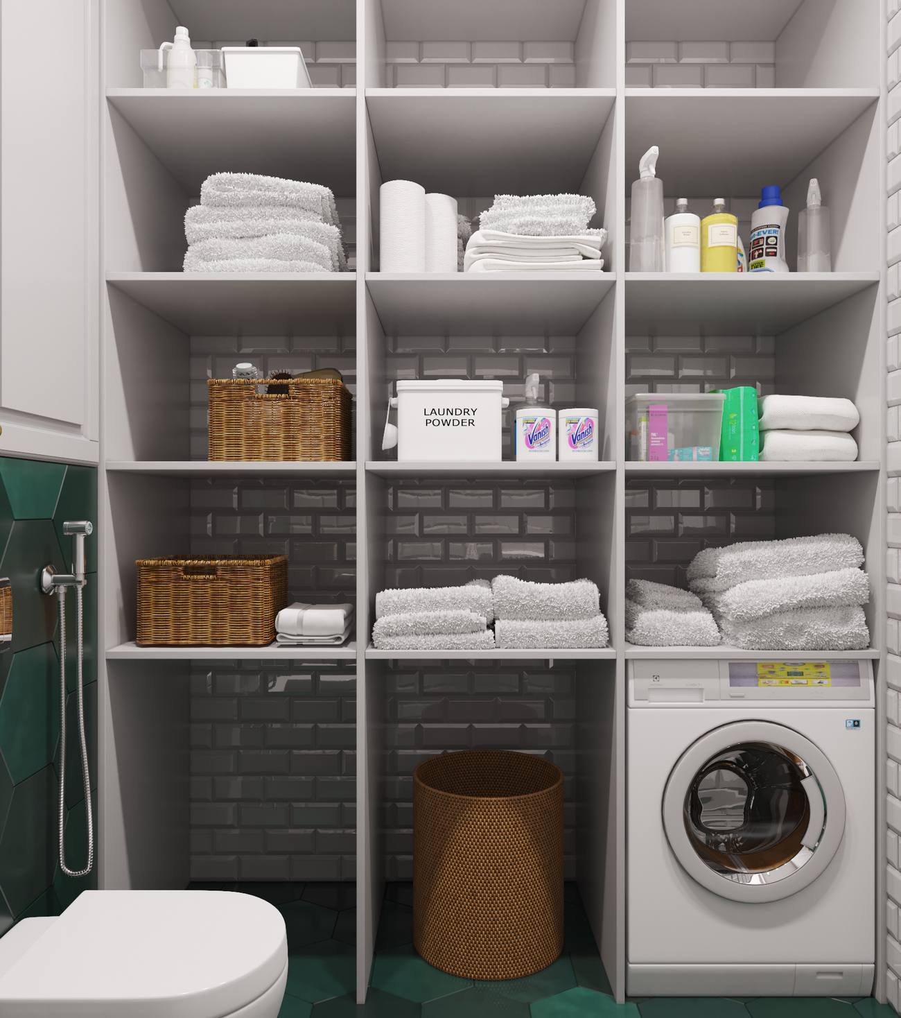 Góc phải toilet là hệ thống tủ lưu trữ mở với rất nhiều ngăn riêng biệt để phân bố khăn tắm, sản phẩm vệ sinh, giỏ mây lưu trữ và bên dưới là góc đặt máy giặt gọn gàng, tiện ích.