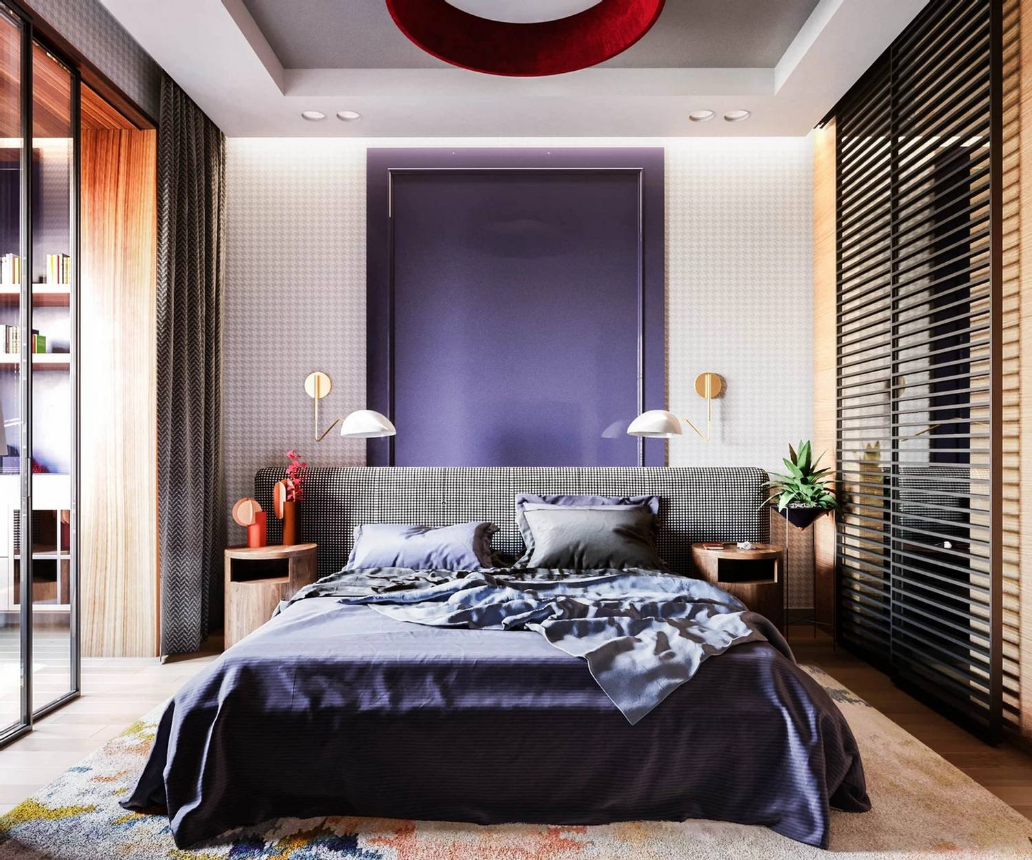 Phòng ngủ với tấm thảm trải sàn nhiều màu sắc, bức tường đầu giường và chăn nệm sử dụng màu tím quyền lực cùng hệ thống đèn ốp trần, đèn gắn tường tiện nghi.
