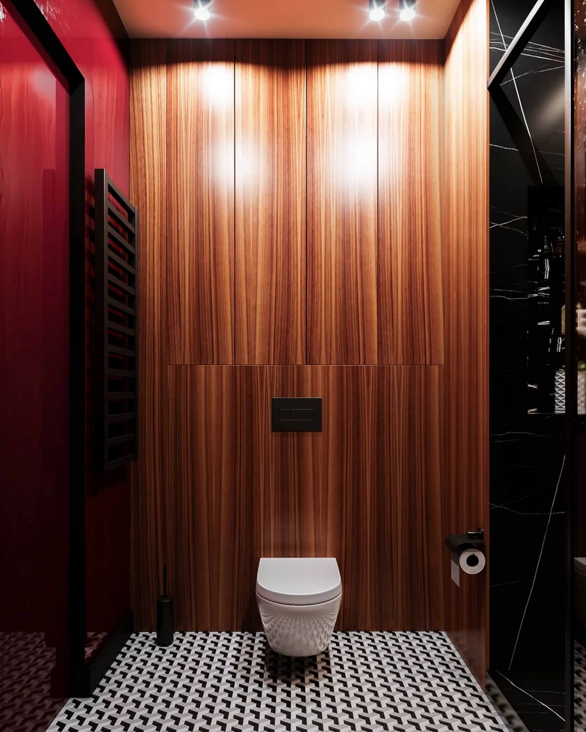 Phòng vệ sinh và phòng tắm có thiết kế cực kỳ đơn giản nhưng lại sang chảnh chỉ nhờ màu sắc. Cánh cửa màu đỏ, tường ốp gỗ vân sọc tương đồng với lối ra vào và phòng bếp, một góc kệ lưu trữ màu đèn và nổi bật là gạch lát sàn trắng - đen hút mắt.