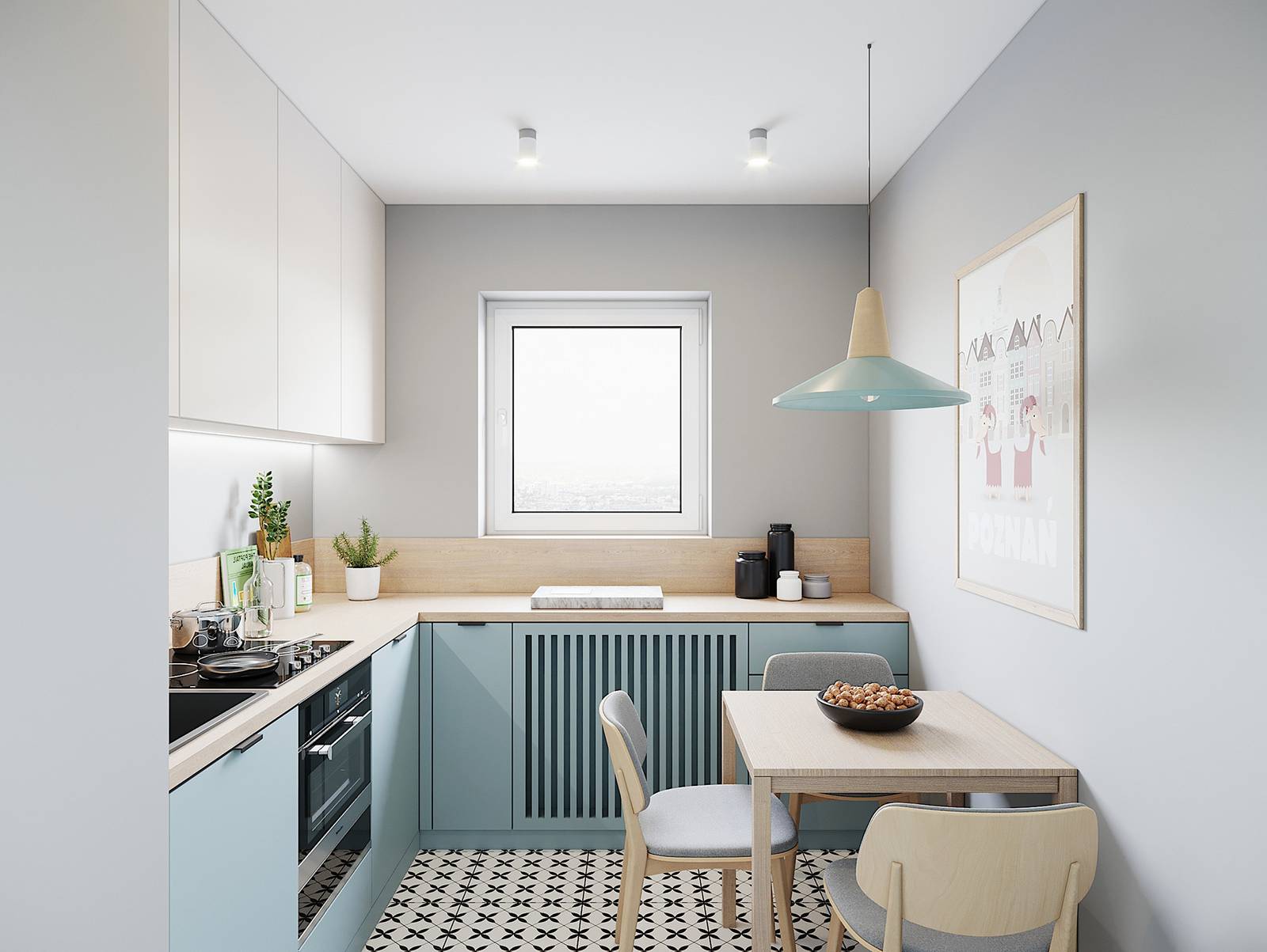 Phòng bếp và khu vực ăn uống sử dụng gam màu trắng-xám làm chủ đạo, thêm vào tủ bếp kiểu chữ L sơn màu xanh pastel dịu mắt bên ô cửa sổ xinh đẹp.