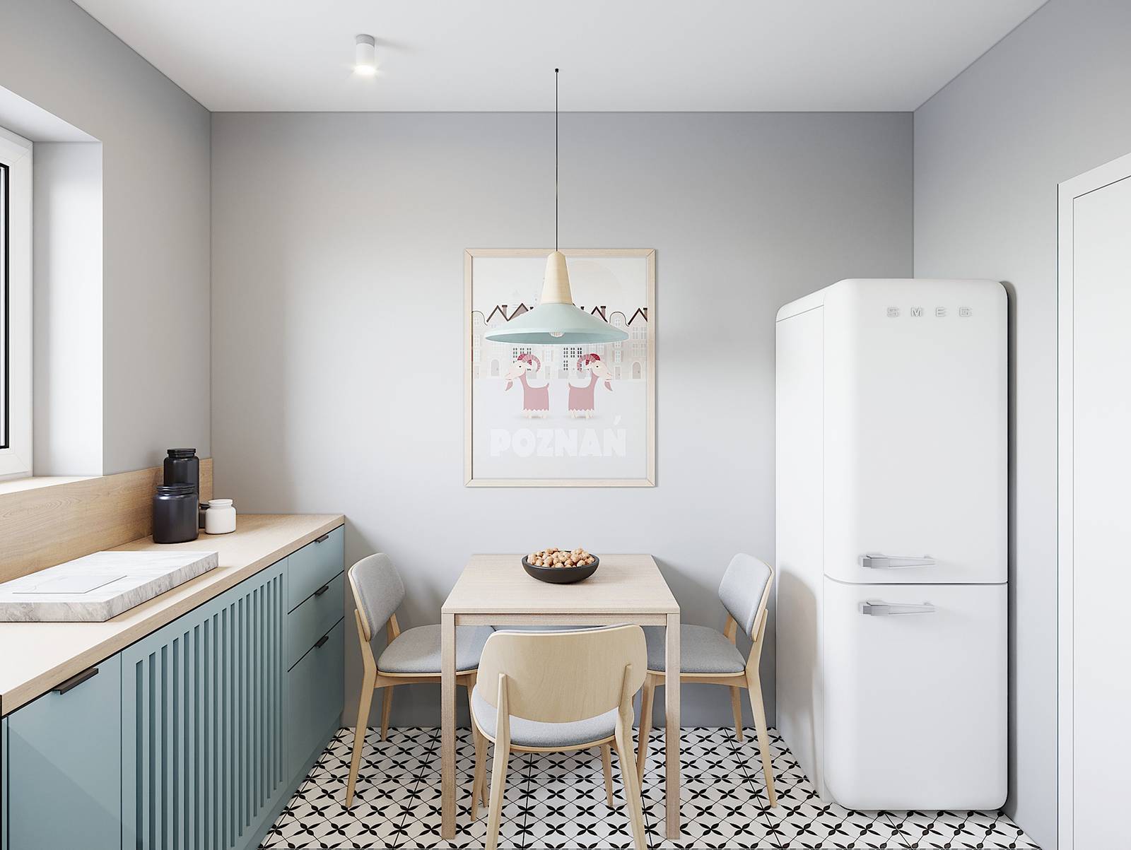 Tủ lạnh màu trắng thuộc thương hiệu nội thất nổi tiếng SMEG đặt ở góc phòng. Góc ăn uống xinh xắn với bộ bàn ăn bằng gỗ nhẹ nhàng cũng bức tranh ngộ nghĩnh.