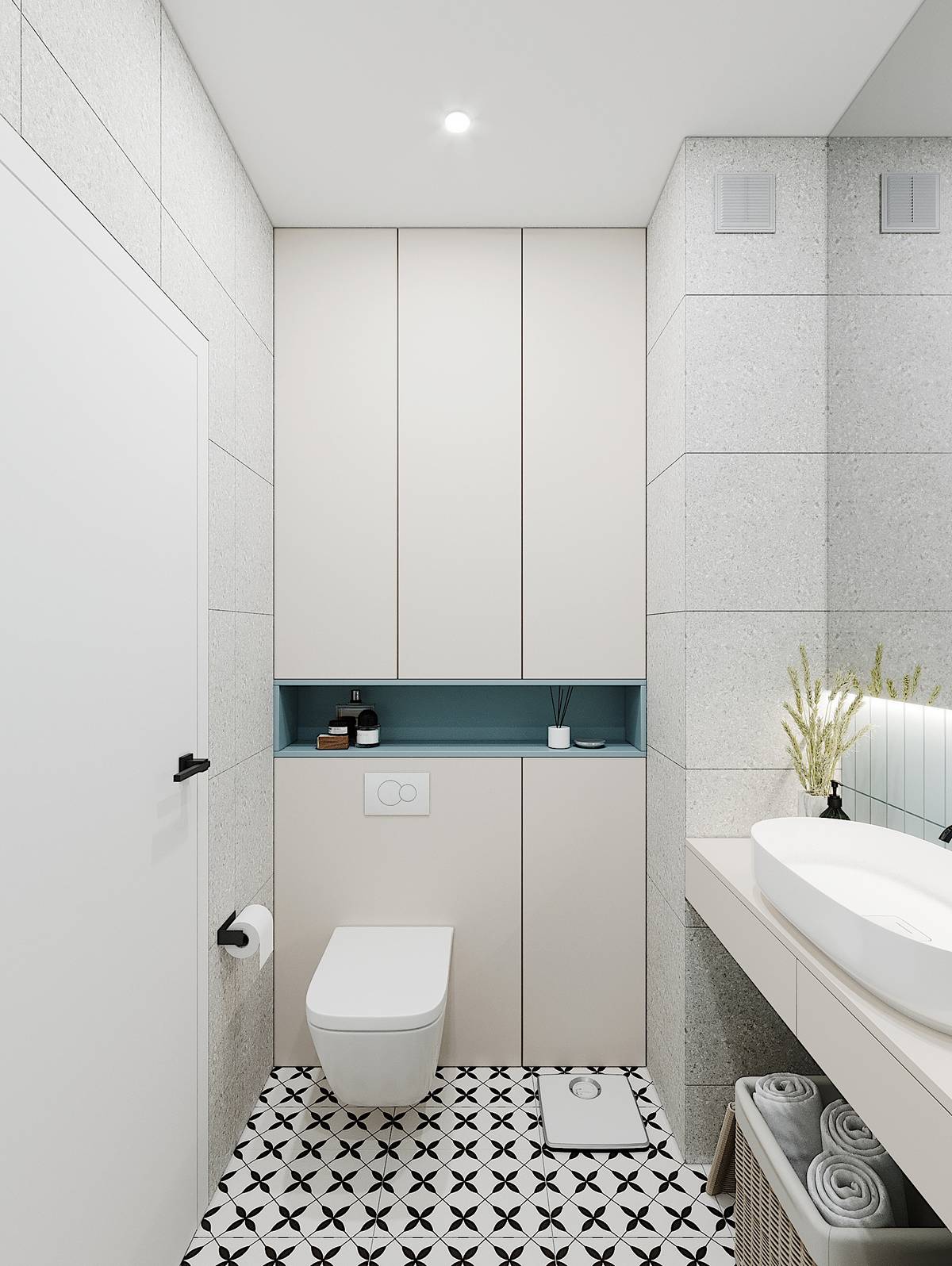 Phòng tắm sử dụng nội thất gắn tường như toilet để giải phóng diện tích mặt sàn. Tủ lưu trữ bố trí cao kịch trần để tối ưu hóa không gian phòng tắm nhỏ.