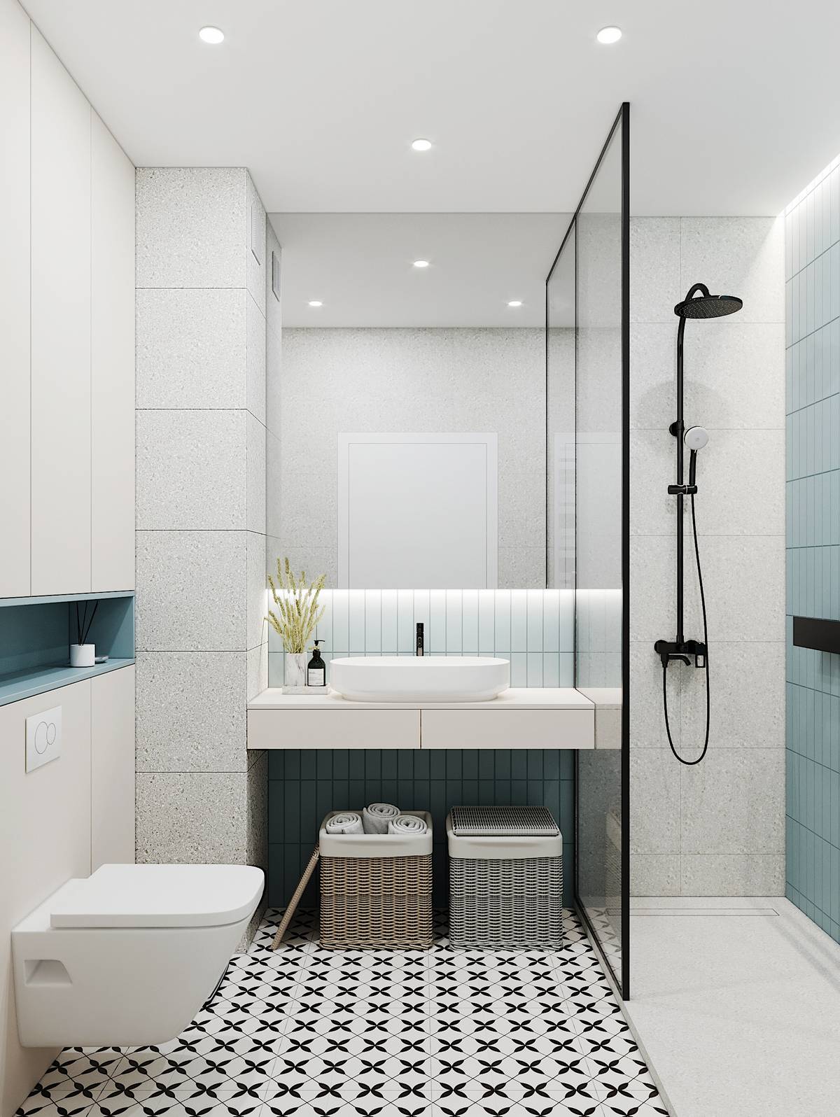 Bức tường buồng tắm đứng được ốp gạch mà xanh lam tạo điểm nhấn cho căn phòng ngập tràn sắc trắng, phân vùng với toilet bằng cửa kính trong suốt.