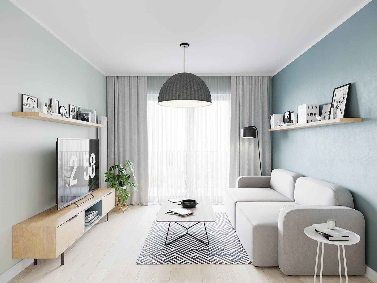 Phòng khách với sàn gỗ tự nhiên cho cảm giác mộc mạc, ấm áp, thiết kế đơn giản nhưng đầy đủ tiện nghi. 