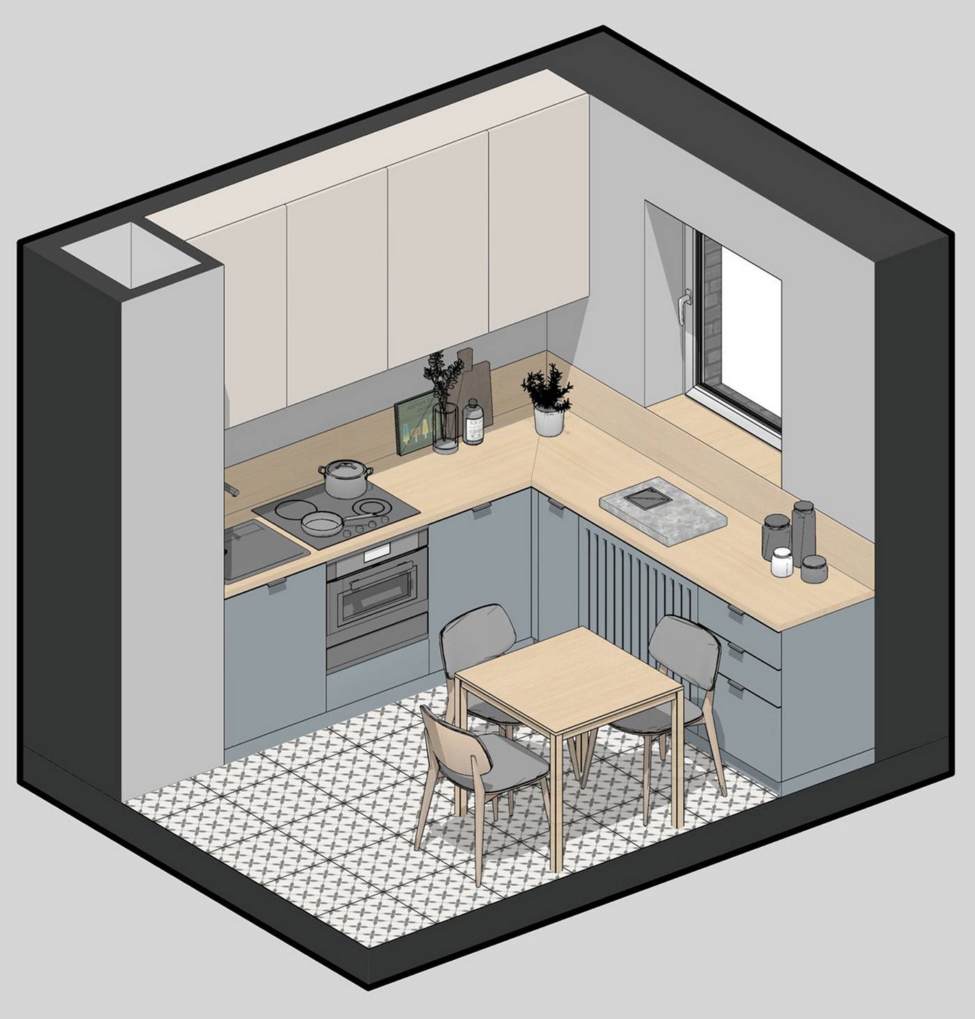 Phối cảnh 3D khu vực phòng bếp.