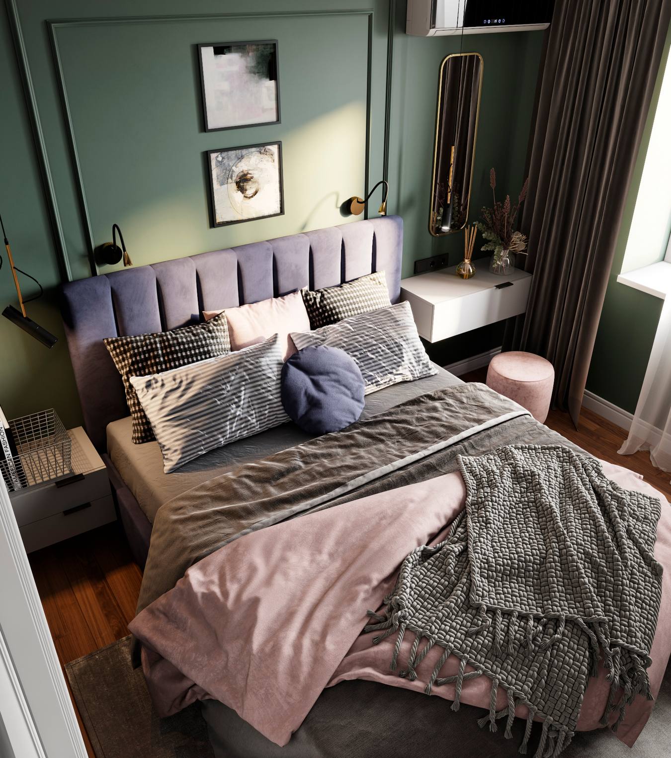 Phòng ngủ của bố mẹ sử dụng sơn tường màu xanh lá kết hợp với những gam màu hồng phấn, tím oải hương, xám nhạt để tạo nên vẻ đẹp thời trang, ấm cúng.