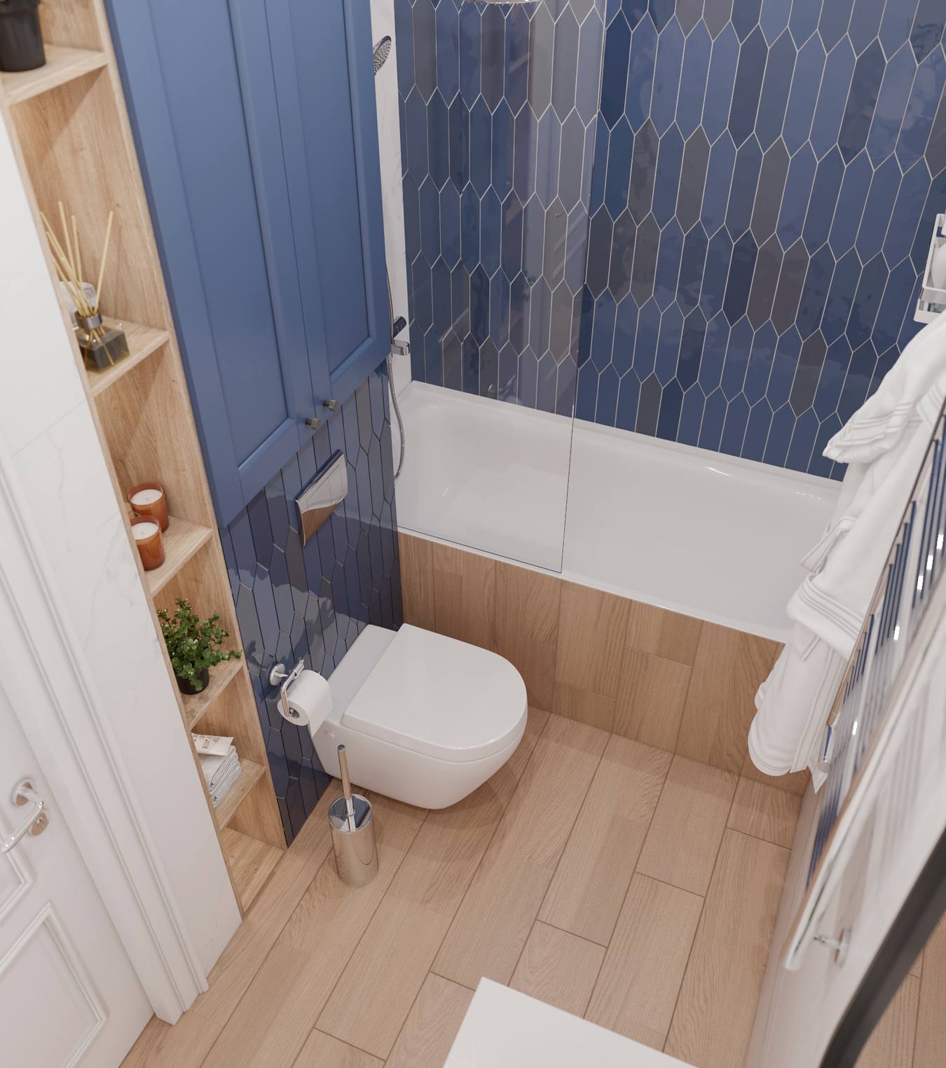 Phòng tắm được chụp từ trên cao cho thấy bố cục tổng thể cũng như màu sắc hài hòa giữa xanh lam, trắng, gỗ,... hệ thống kệ mở tận dụng hốc tường ốp gỗ sáng màu để lưu trữ và trang trí đẹp mắt.