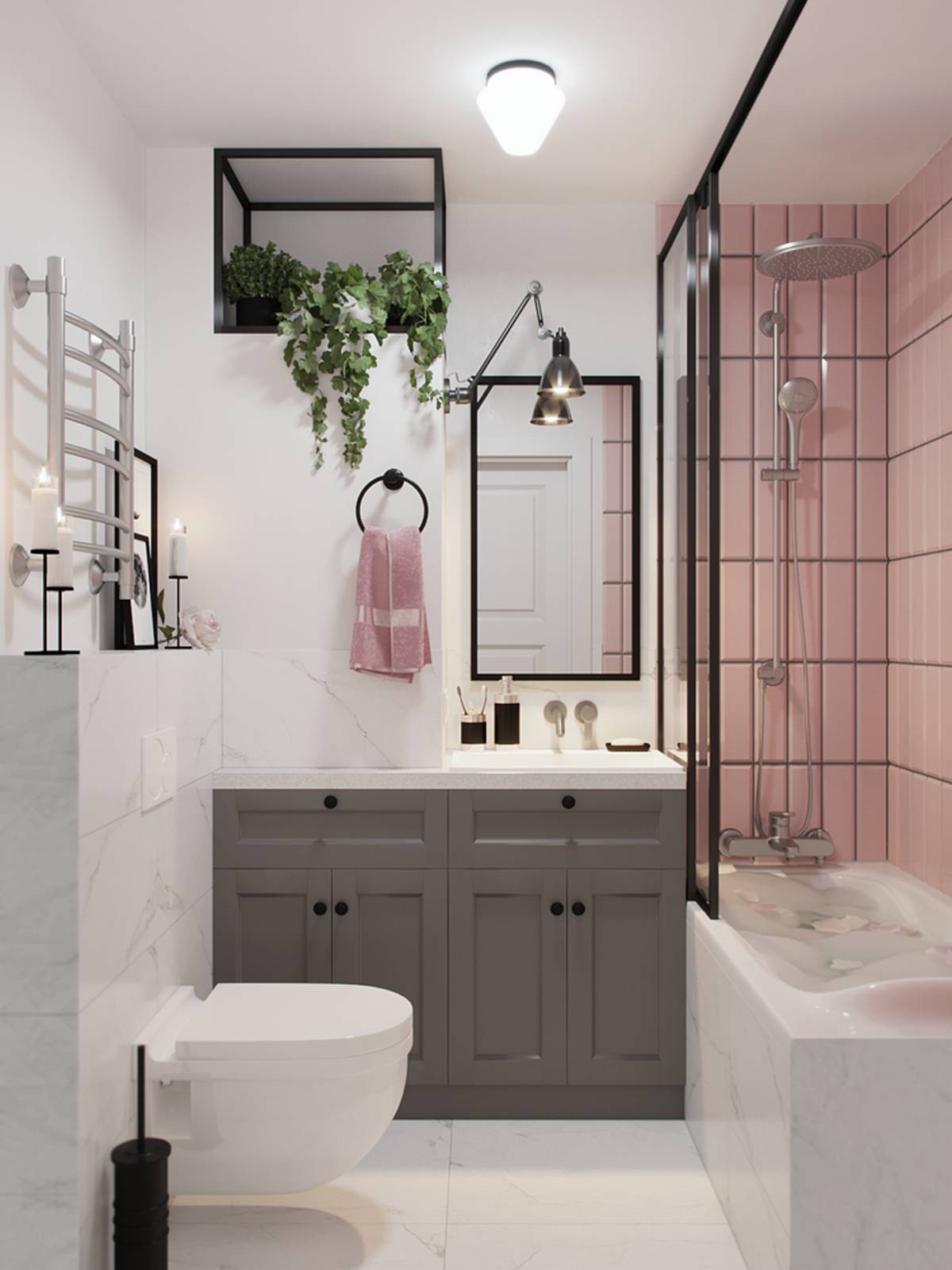 Phòng tắm nữ tính với bức tường sơn màu xám, phân vùng với buồng tắm ốp gạch màu hồng phấn ngọt ngào. Bồn tắm, sàn gạch và một phần tường ốp đá cẩm thạch đẹp mắt.