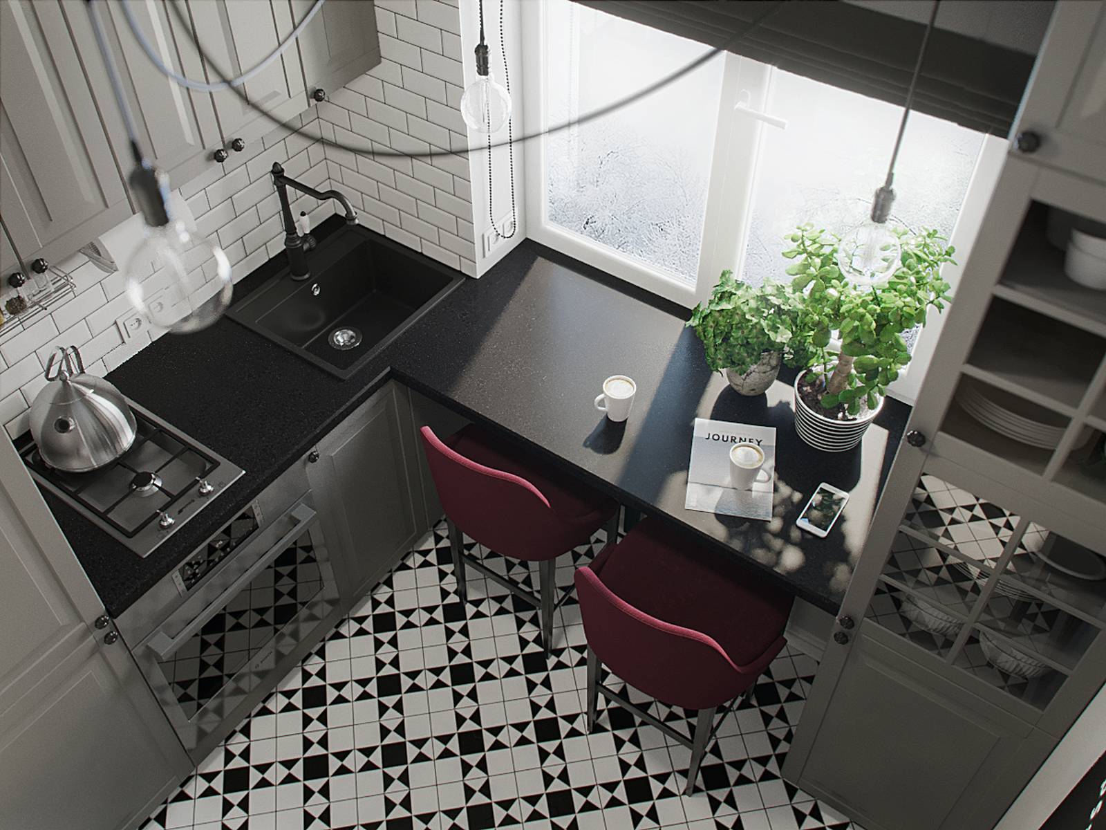 Đây là hình ảnh phòng bếp kết hợp khu vực ăn uống được chụp từ trên cao. Phòng bếp có phong cách 'mạnh mẽ' hơn do sử dụng gam màu chủ đạo là trắng, đen, xám và một ít gam màu đỏ tía.