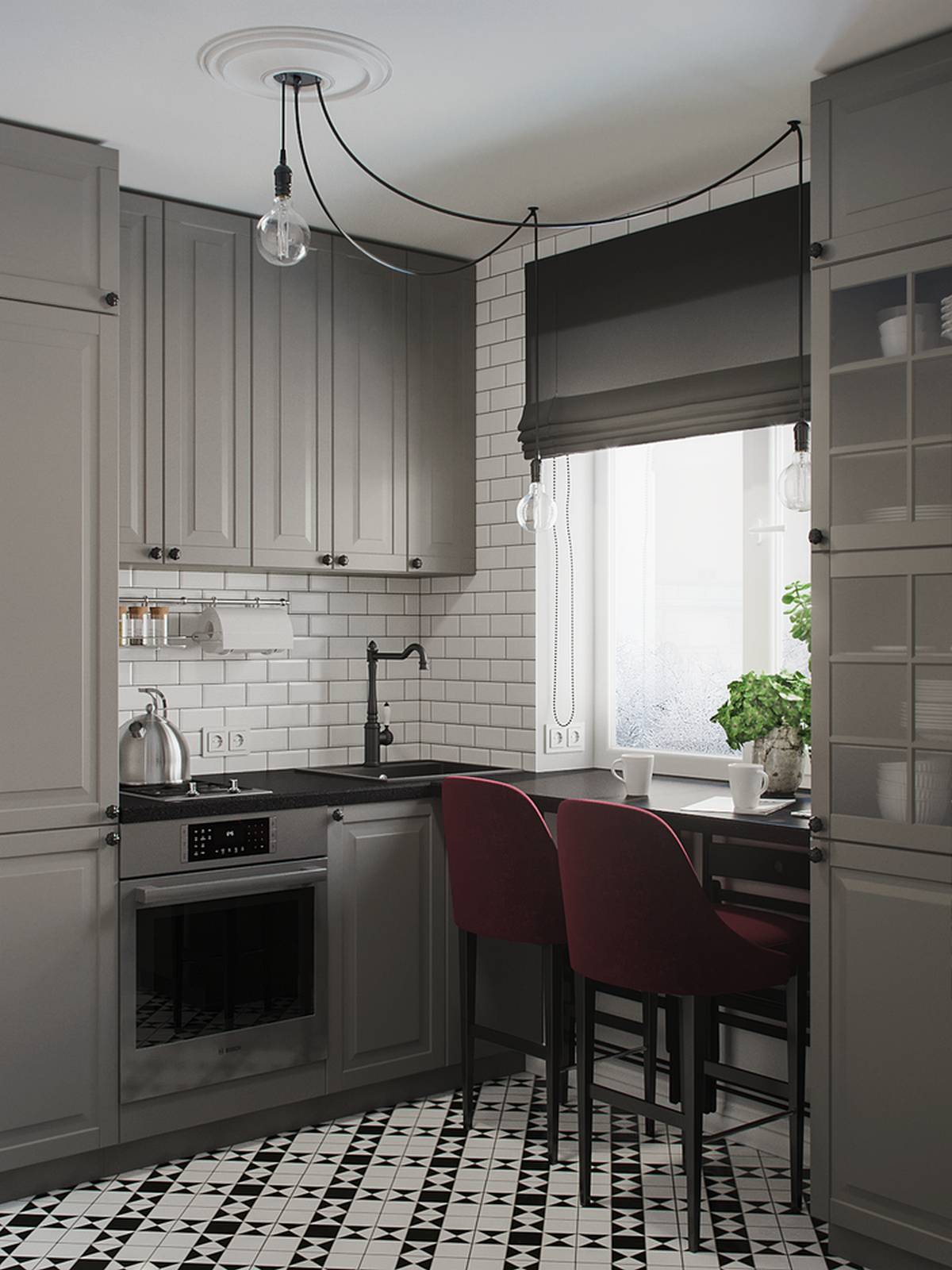 Phòng bếp sử dụng thiết kế kiểu chữ L, là kiểu bếp phù hợp với hầu hết các căn hộ có diện tích vừa và nhỏ. Hệ tủ bếp màu xám bao bọc xung quanh bức tường ốp gạch trắng sáng bóng cũng như sàn gạch tương đồng với lối vào nhà.