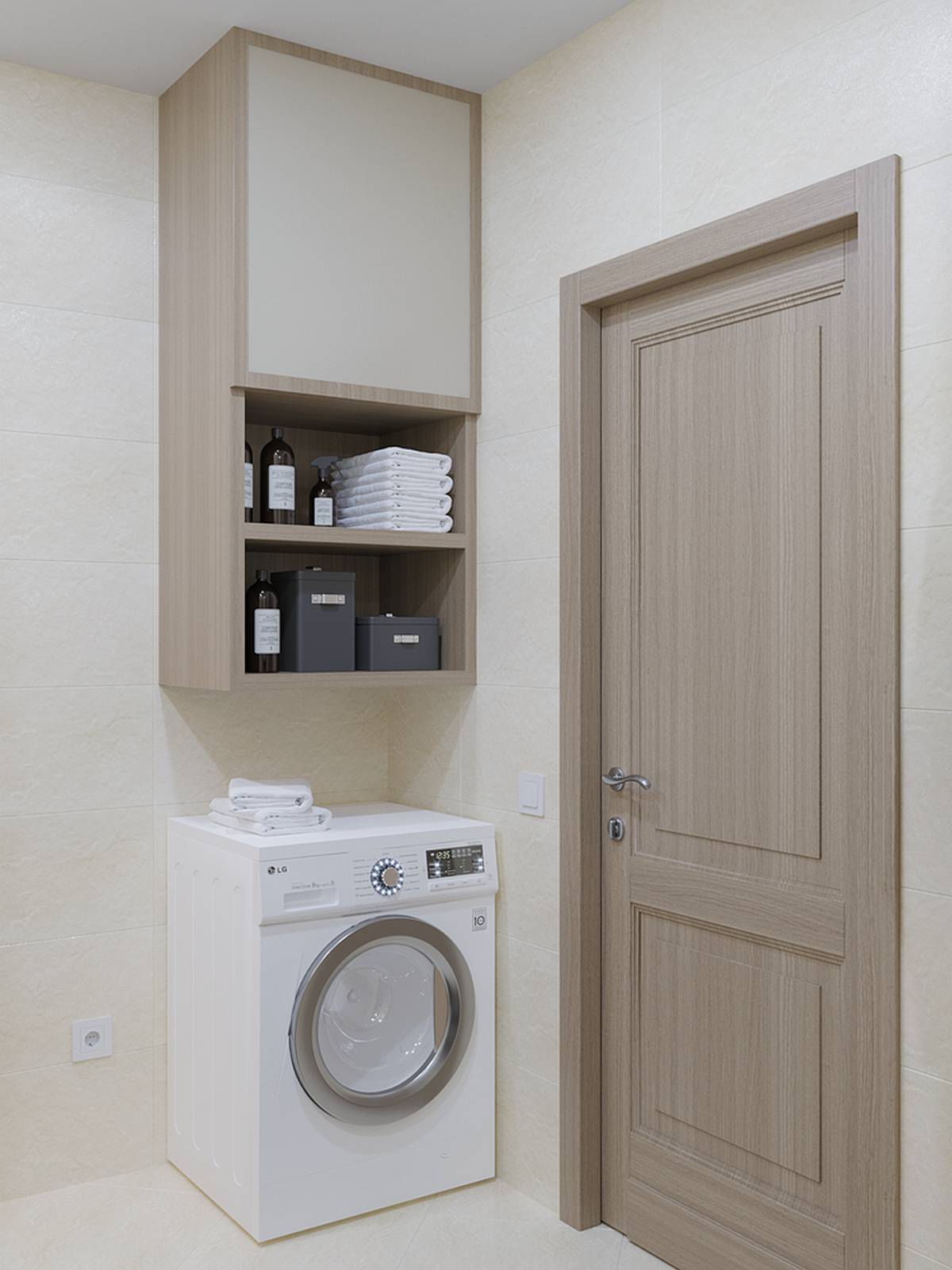 Phòng tắm lựa chọn gam màu trung tính như be, gỗ, trắng,... để tạo sự nhẹ nhàng, thanh lịch. Chiếc máy giặt được bố trí ngay lối ra vào phòng tắm, bên trên là kệ lưu trữ thuận tiện.