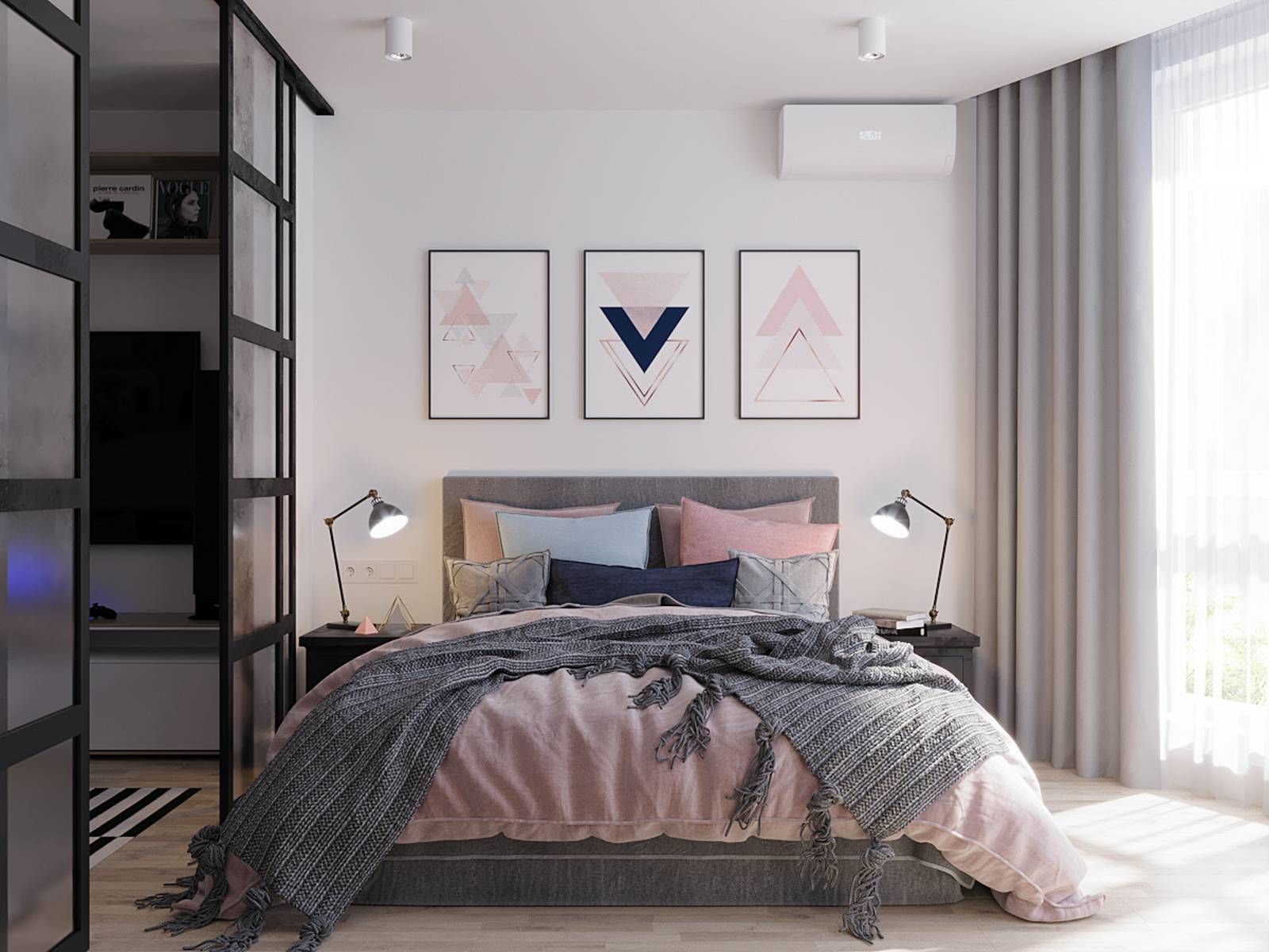 Phòng ngủ nữ tính và xinh đẹp với gam màu xám, hồng phấn, xanh lam nổi bật trên nền tường trắng cùng với những bức tranh đơn giản nhưng không kém phần ấn tượng. Cặp đèn bàn đặt trên 2 chiếc táp đầu giường đối xứng nhau tạo nên vẻ đẹp hài hòa.