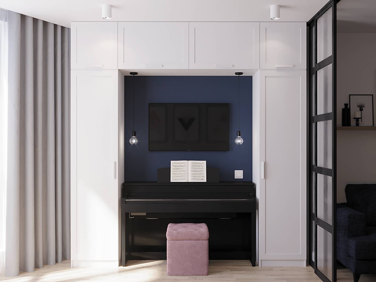 Đối diện giường ngủ là khu vực tủ lưu trữ màu trắng với khoảng trống sơn màu xanh lam đậm, là nơi đặt chiếc đàn piano yêu thích của nữ chủ nhân. Thêm vào đó là chiếc ghế màu hồng phấn, giữ được sự phối màu xuyên suốt không gian sống.