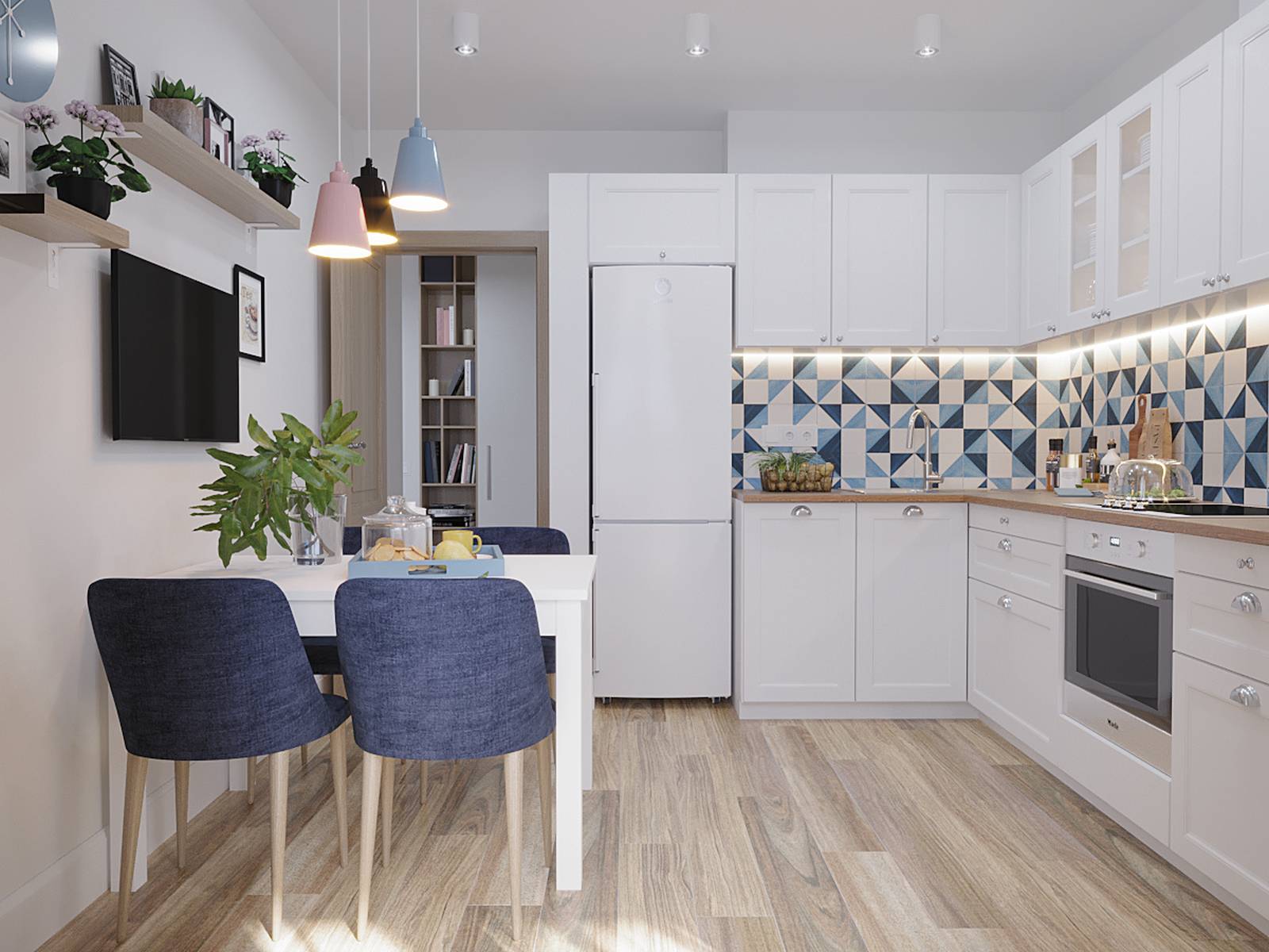 Phòng bếp và khu vực ăn uống được thiết kế riêng biệt theo yêu cầu. Phòng bếp lựa chọn kiểu dáng chữ L với hệ tủ màu trắng sạch sẽ, tiện nghi. Kiểu bếp này cũng được sử dụng phổ biến cho những không gian vừa và nhỏ.