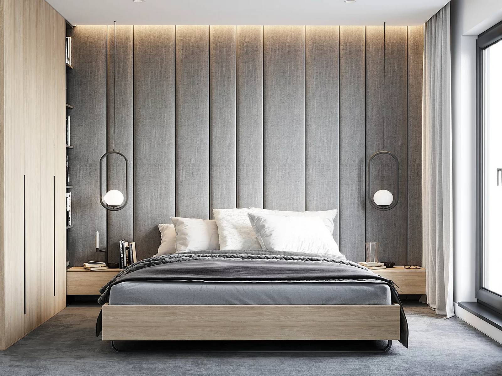 Hệ thống đèn LED âm trần cho phòng ngủ cái nhìn ấm áp, hai chiếc đèn thả độc đáo bố trí đối xứng nhau giống như táp đầu giường bằng gỗ nhỏ gọn. Bên trái chiếc giường là tủ lưu trữ cao và rộng rãi.